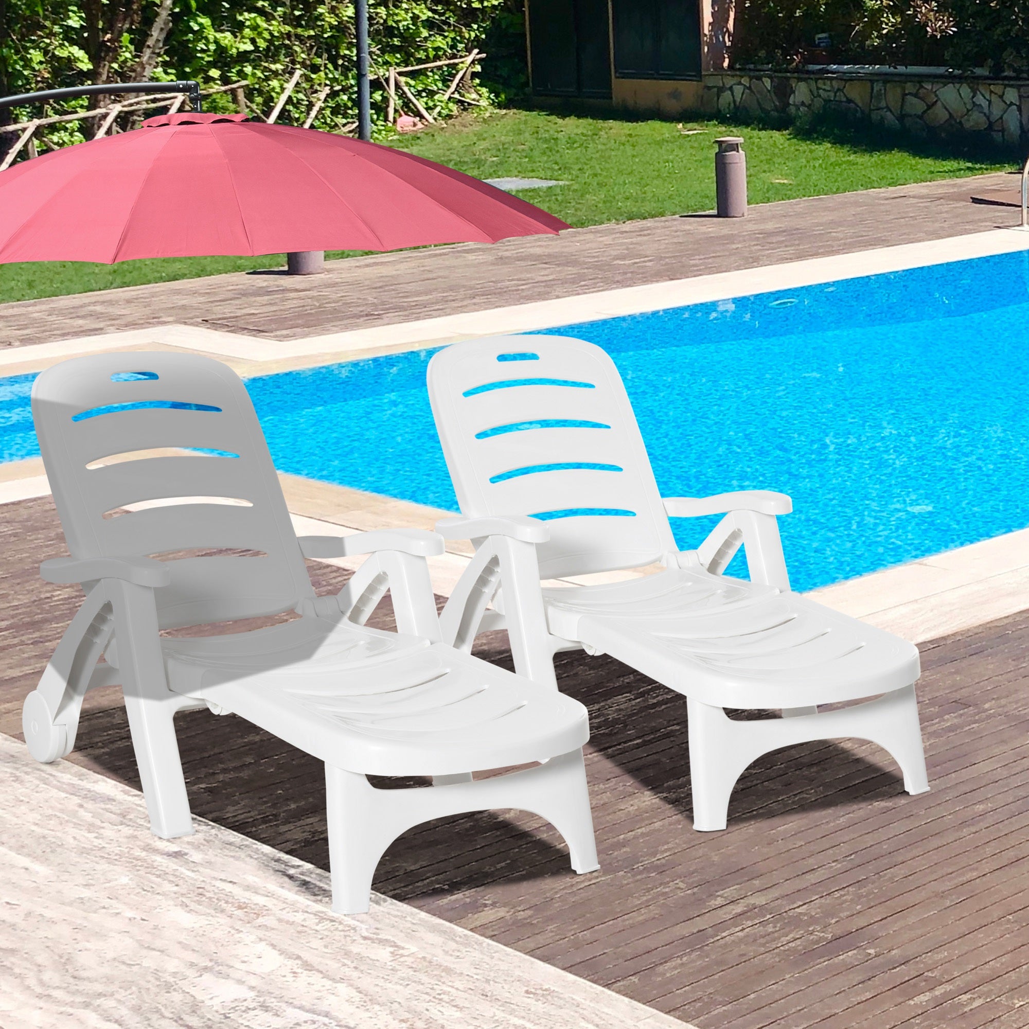 Outsunny 2PCs Outdoor Folding Sun Lounger Recliner on Wheels w/ 5-Position Backrest, White - North Peak Garden Furniture