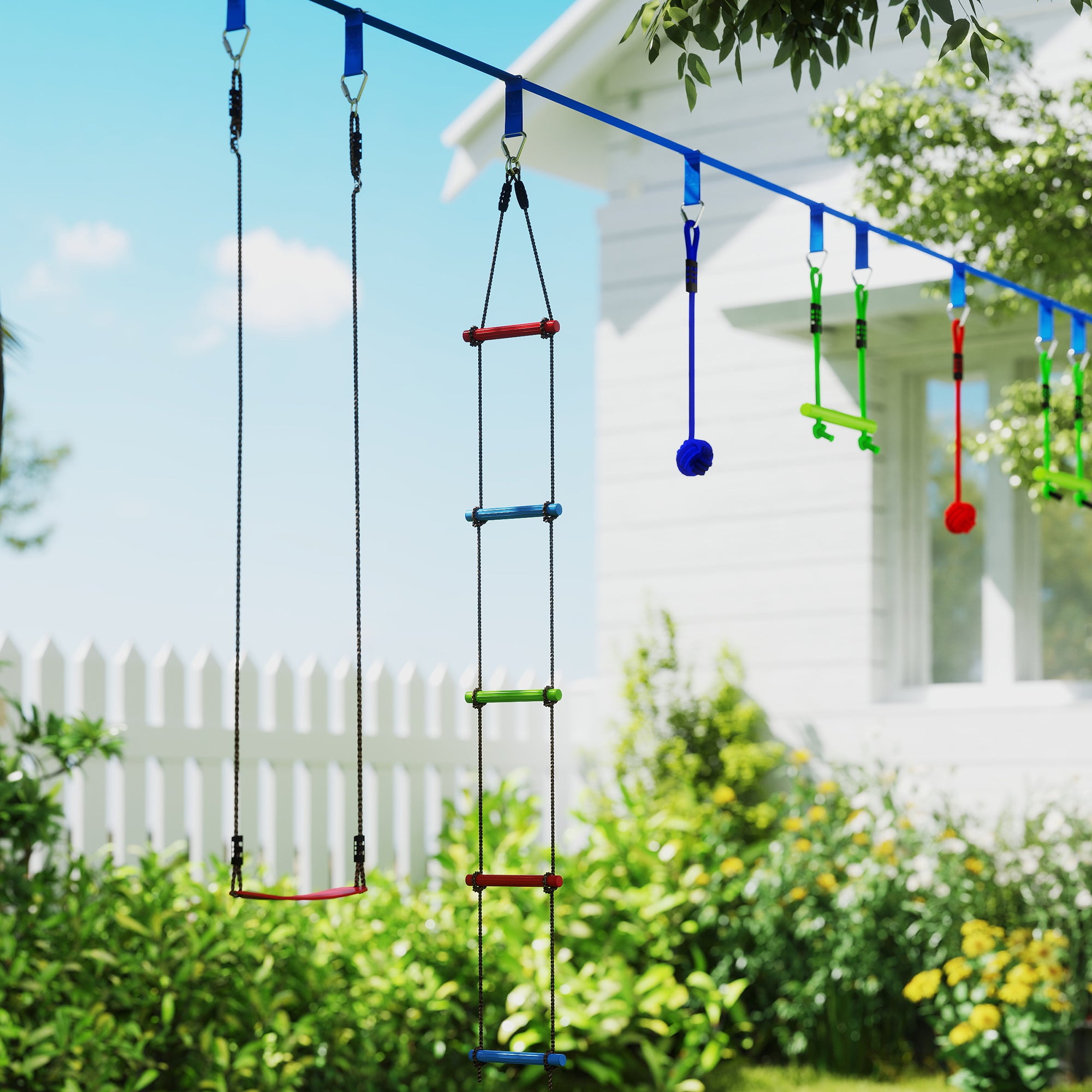 AIYAPLAY 10 Piece Zip Line Kit for Kids with 10m Slackline, Monkey Bars, Swing, Climbing Ladder, Hanging Tray, Metal Rings - North Peak Garden Furniture