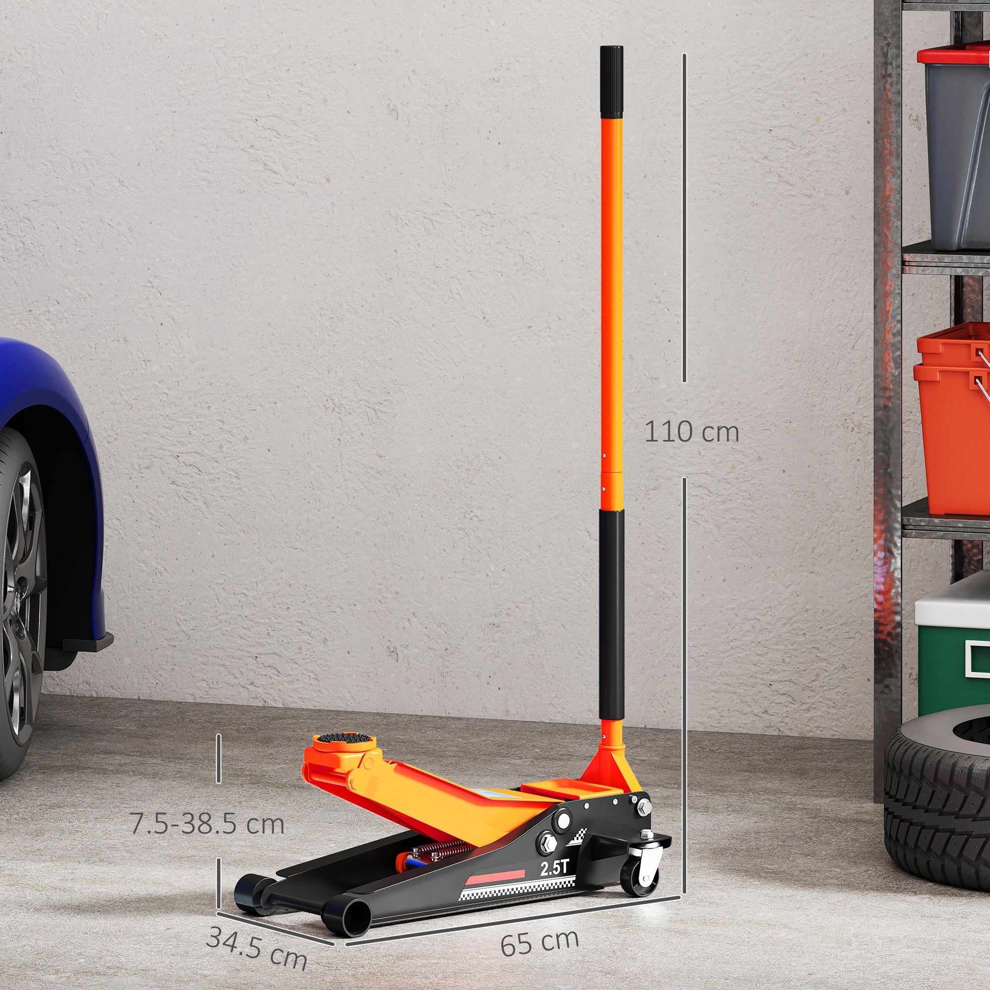 HOMCOM 2.5 Ton Hydraulic Low-Profile Floor Jack, with 7.5-47cm Lifting Range, Wheels, Orange - North Peak Garden Furniture