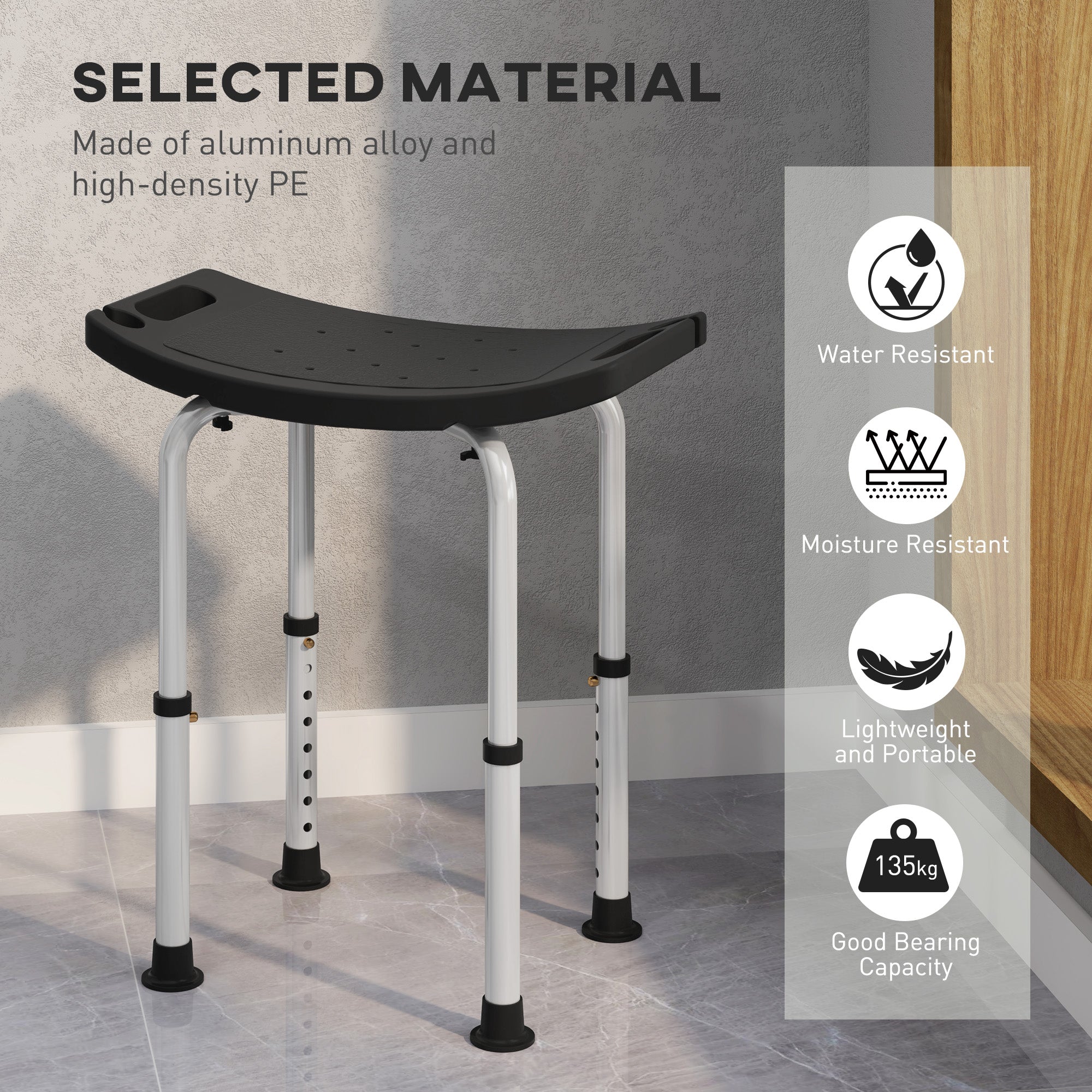 HOMCOM Height Adjustable Bath Stool, Aluminium Shower Stool with Non-Slip Pads for Elderly, Disabled, Seniors, Pregnant, Black - North Peak Garden Furniture