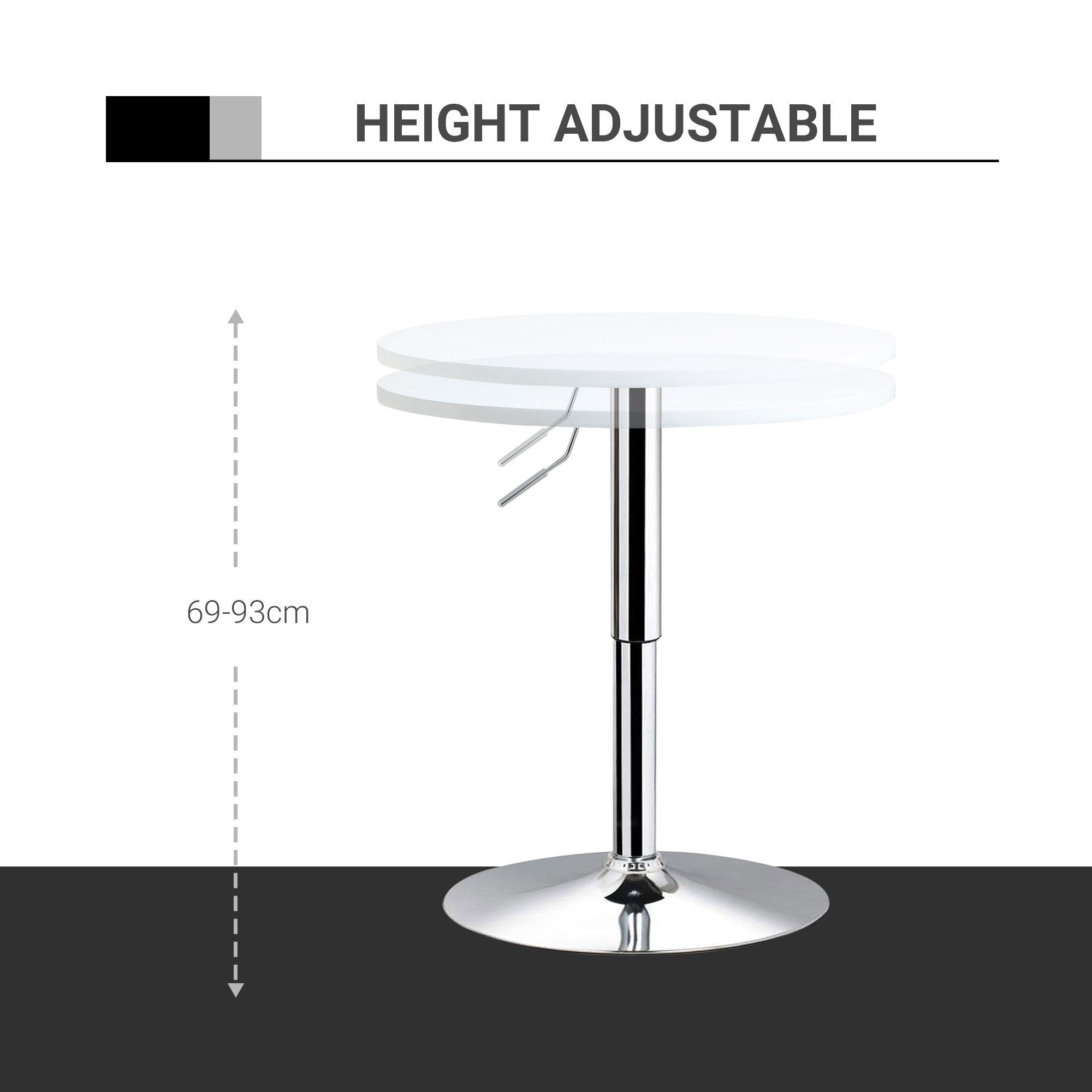 HOMCOM Bar Table Φ60cm Adjustable Height Round Bistro Table w/ Swivel Top Metal Frame Counter Surface Stylish Kitchen Conservatory White - North Peak Garden Furniture
