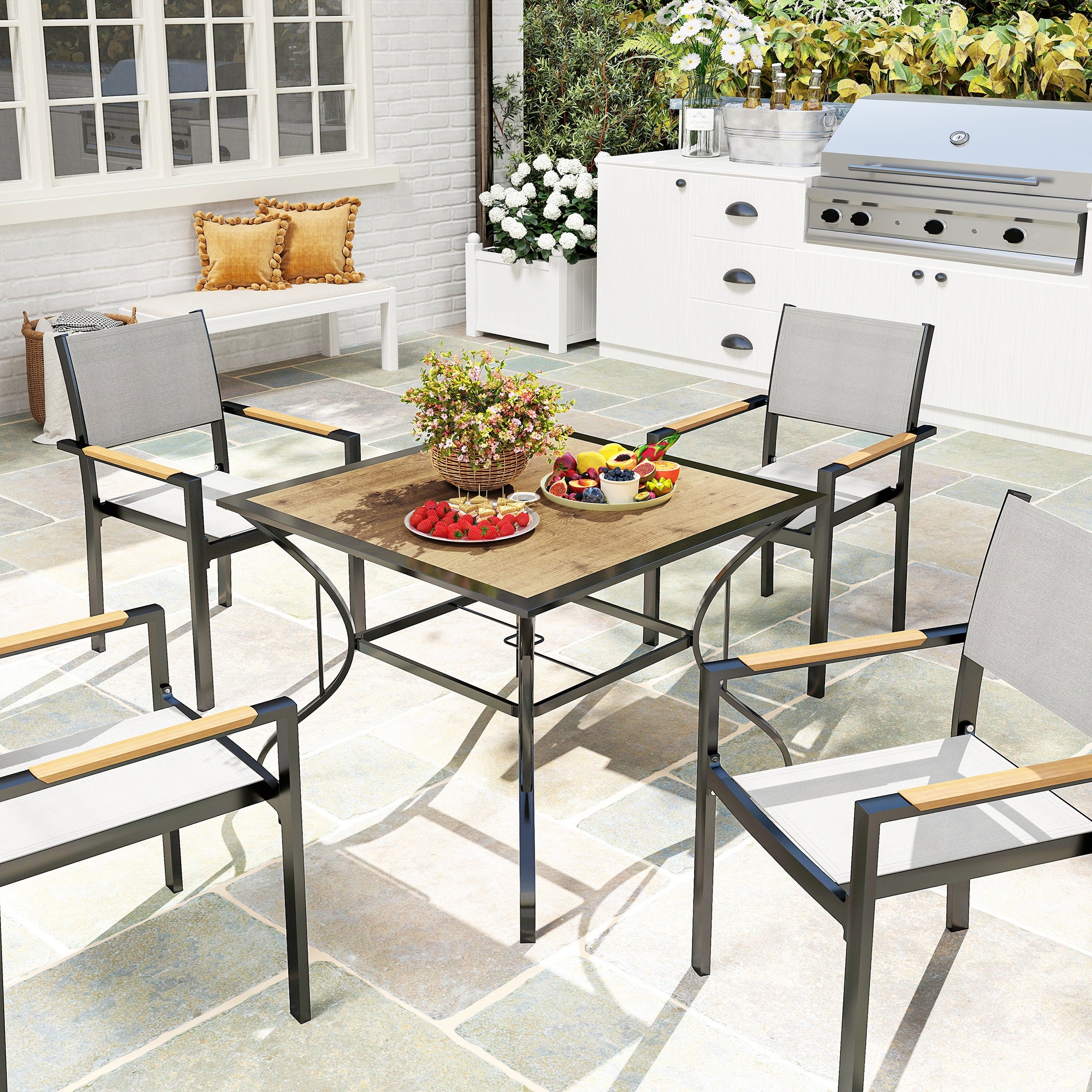 Outsunny Outdoor Garden Table Dining Table for 4 with Parasol Hole, Stone-Grain Effect PC Board Top for Patio, Garden, Brown - North Peak Garden Furniture