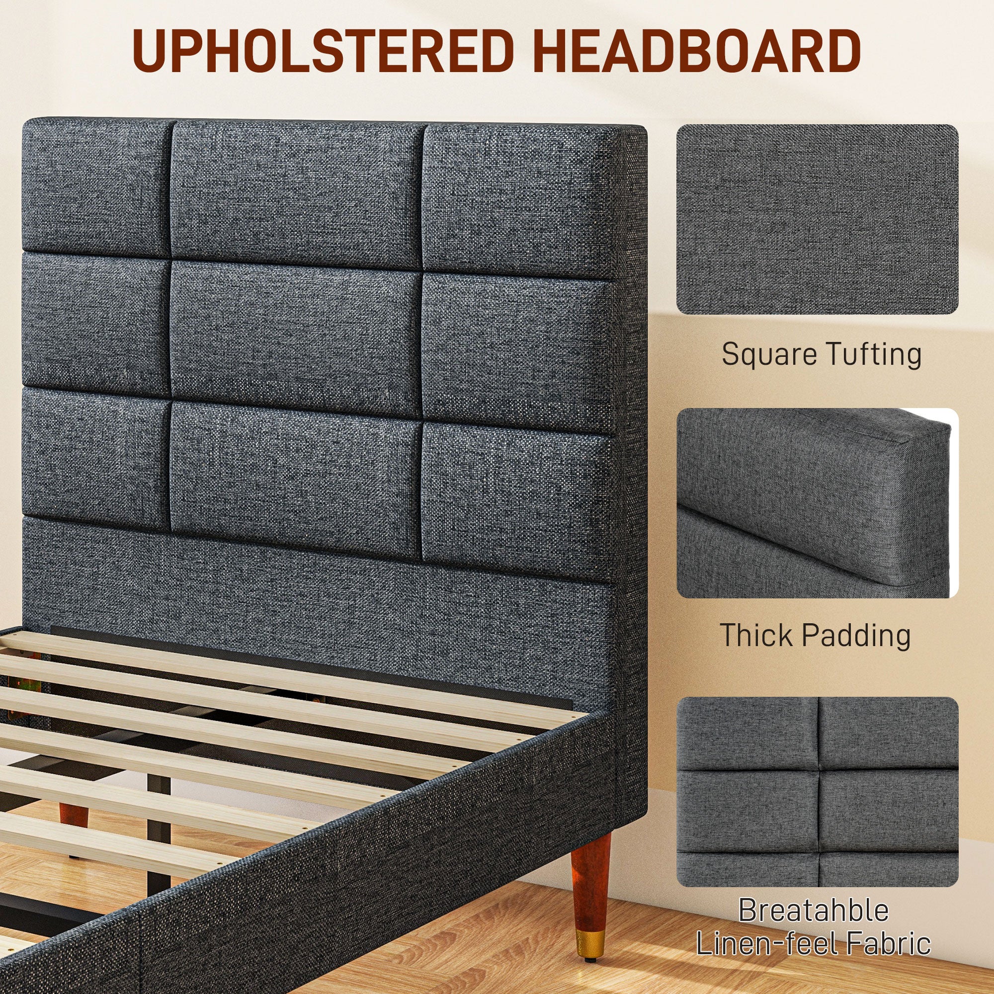 HOMCOM Upholstered Single Bed Frame, with Slats - Grey - North Peak Garden Furniture