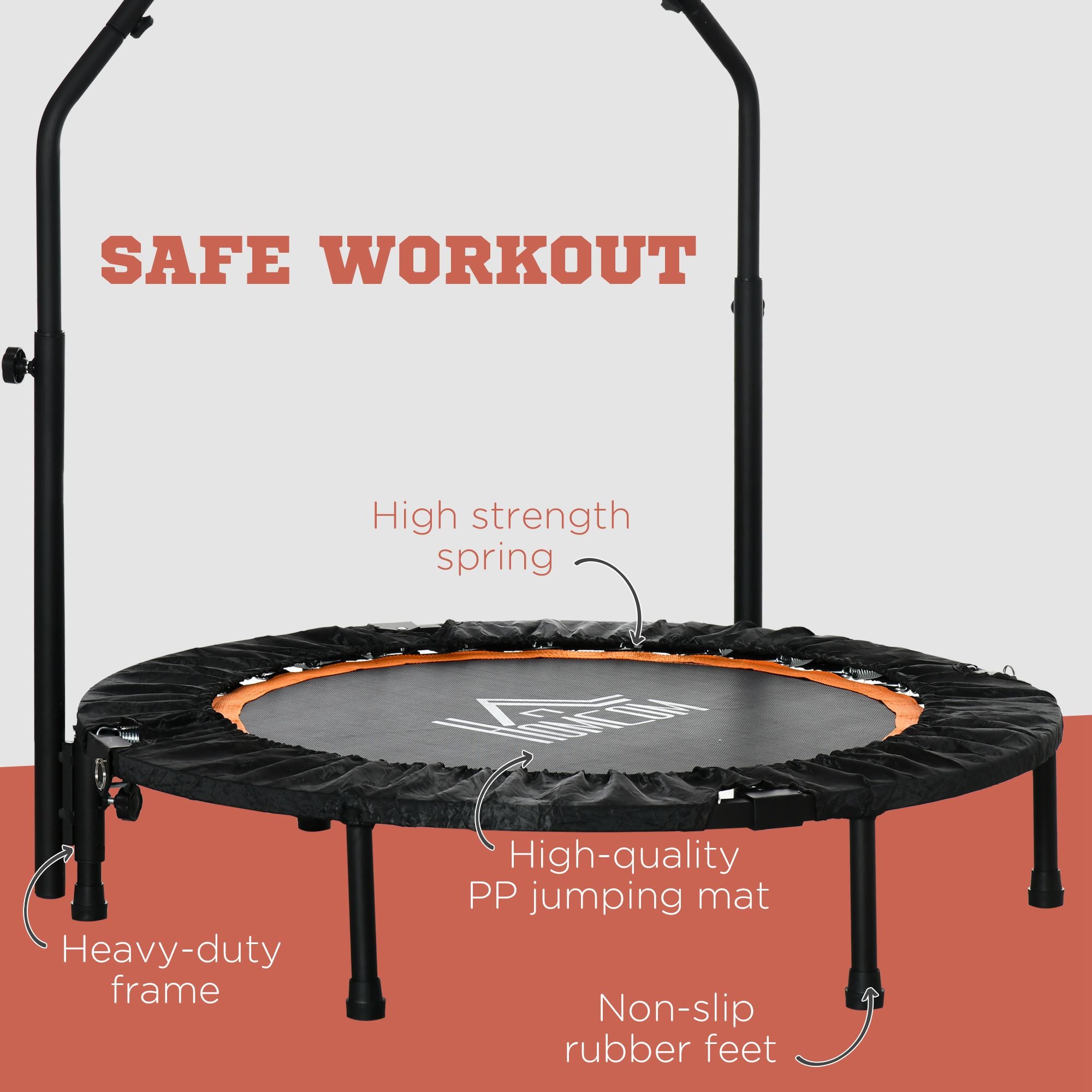 HOMCOM 40" Foldable Mini Fitness Trampoline, with Adjustable Foam Handle, Orange