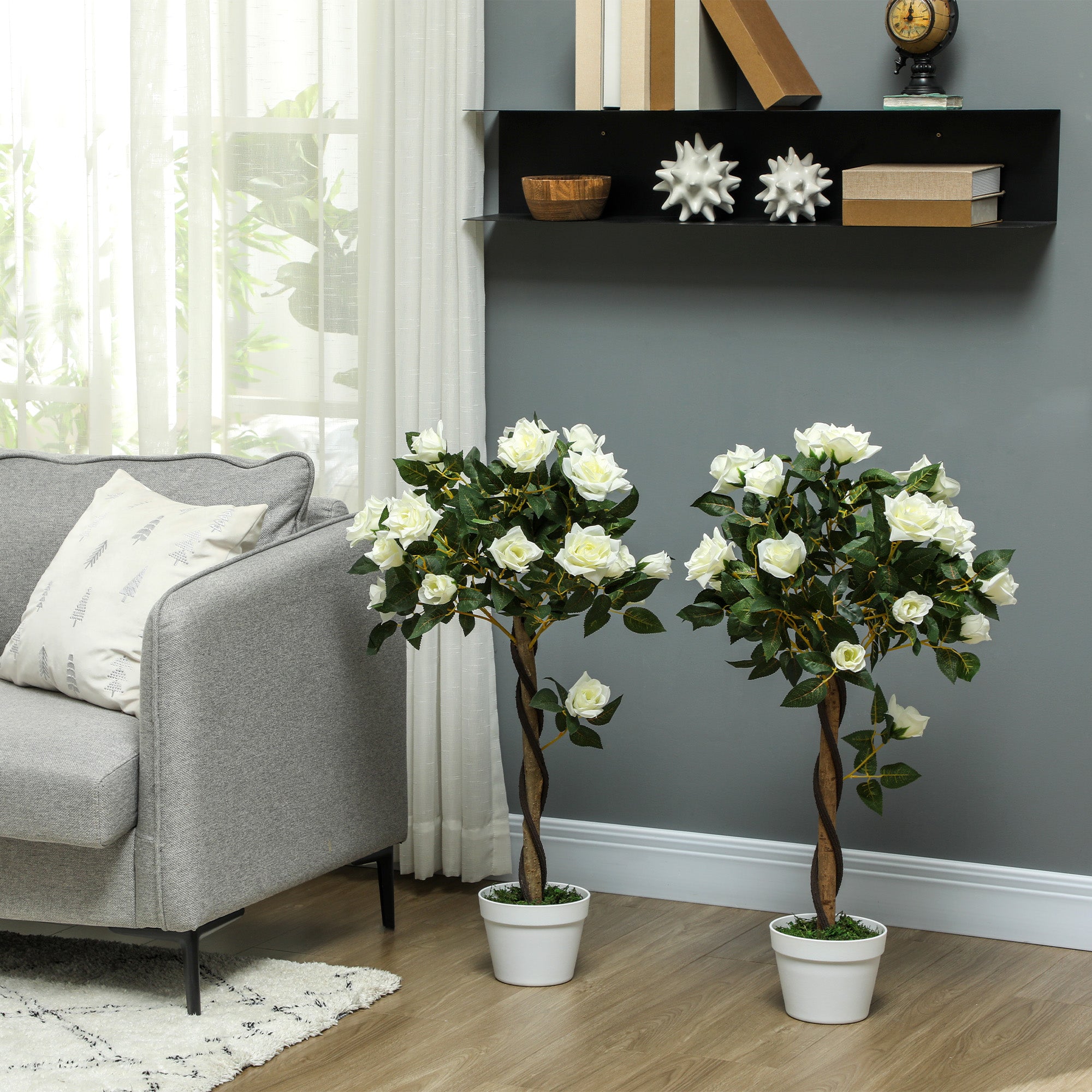 Outsunny Set of Two Faux Rose Trees - White - North Peak Garden Furniture