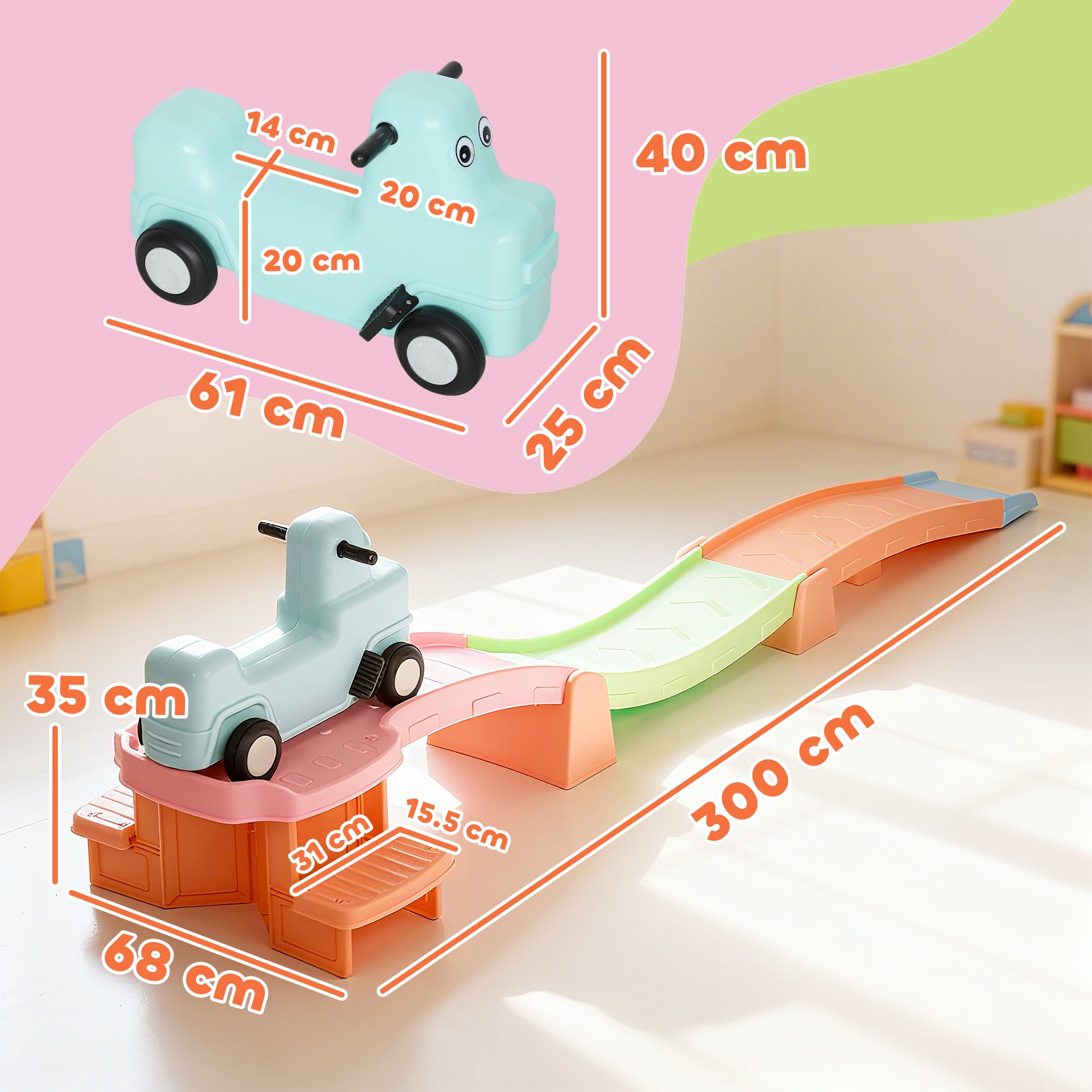 AIYAPLAY 3(m) Four-Piece Ride on Kids Roller Coaster w/ Non-Slip Steps, for Ages 2-5 Years - Orange
