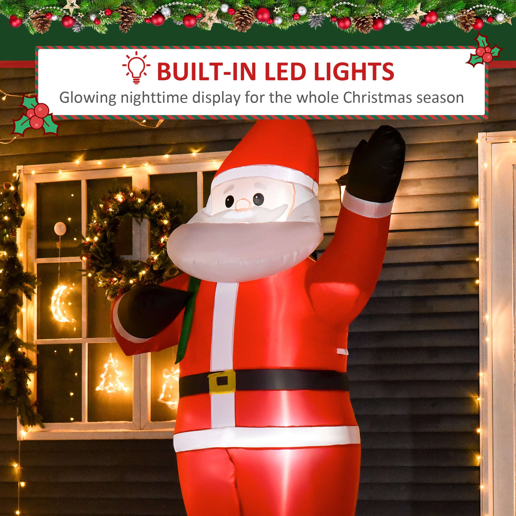 HOMCOM 8ft Christmas Inflatable Santa Holiday Yard Decoration with LED Lights, Indoor Outdoor Lawn Blow Up Decor - North Peak Garden Furniture