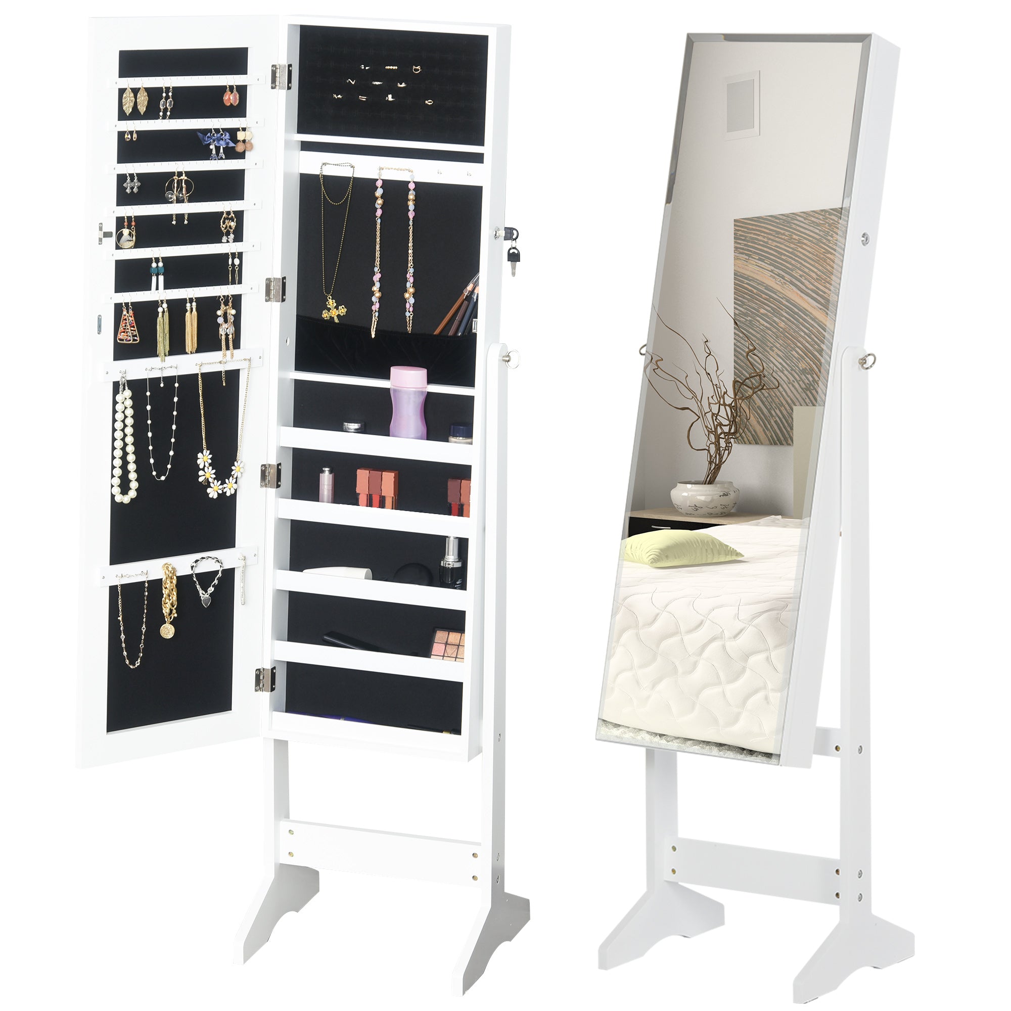 HOMCOM Jewelry Cabinet Standing Mirror Full Length Makeup Lockable Armoire Storage Organizer White - North Peak Garden Furniture