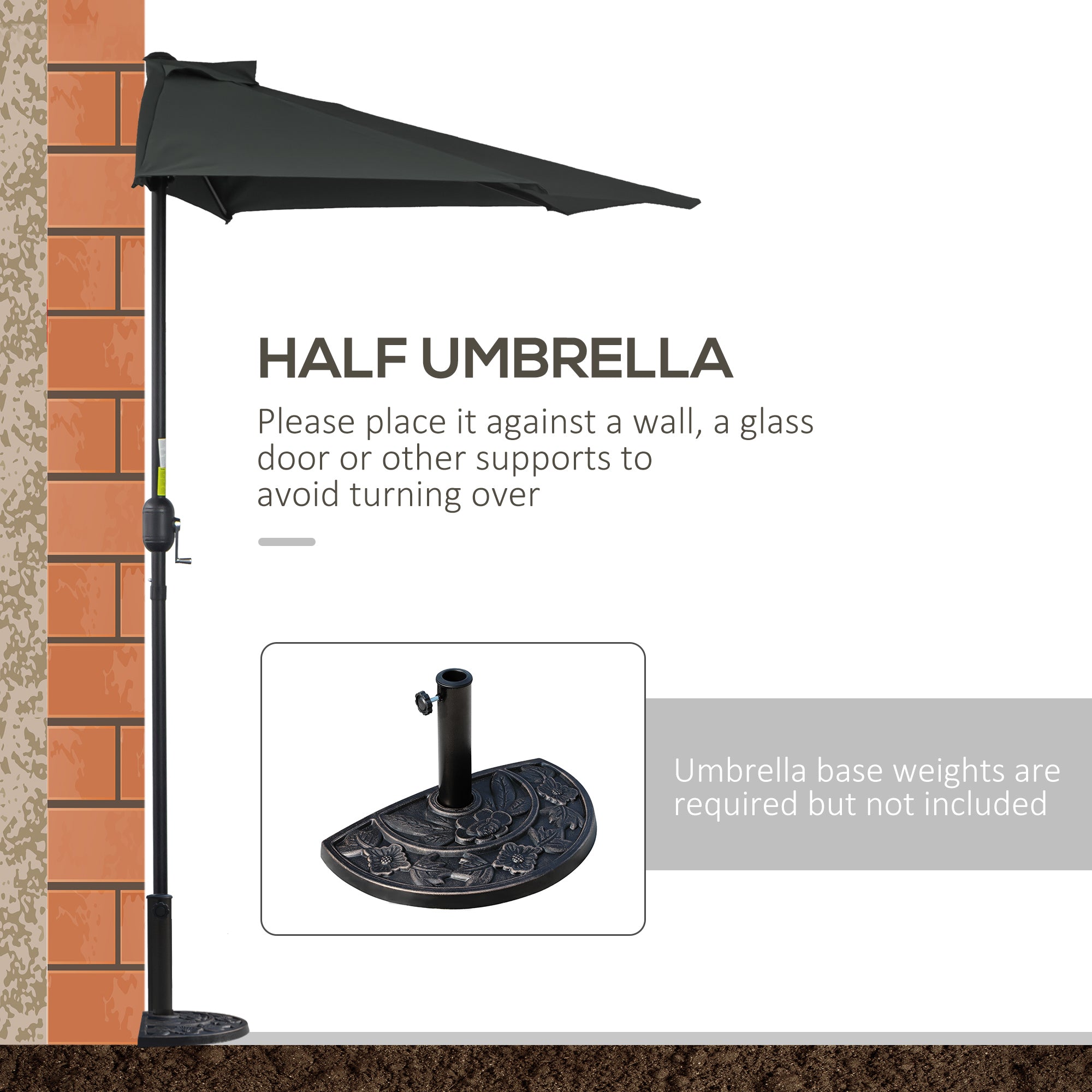 Outsunny 3(m) Half Parasol Semi Round Umbrella Patio Metal Frame Crank Handle for Balcony-- NO BASE INCLUDED, Black