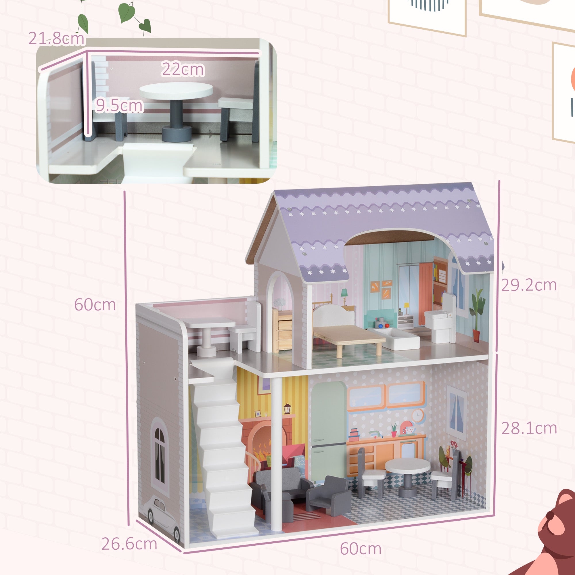 AIYAPLAY 2 Storey Dolls House with 13 Pieces Furniture, Play Set with Balcony, Gift for 3-6 Years Old