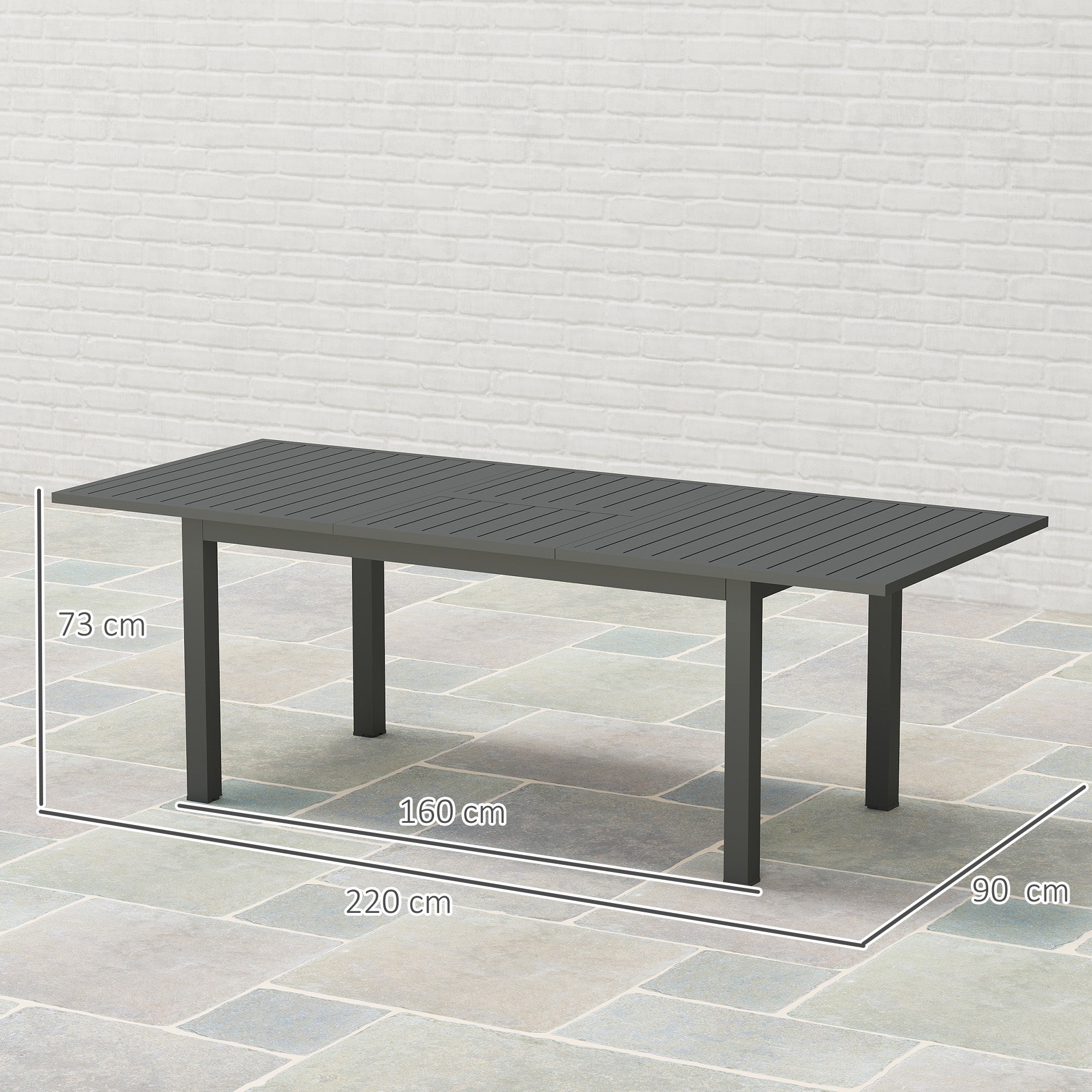 Outsunny Aluminium Extending Garden Table with Slatted Top for 6-8 Person, 160/220 x 90 x 73 cm, Grey - North Peak Garden Furniture