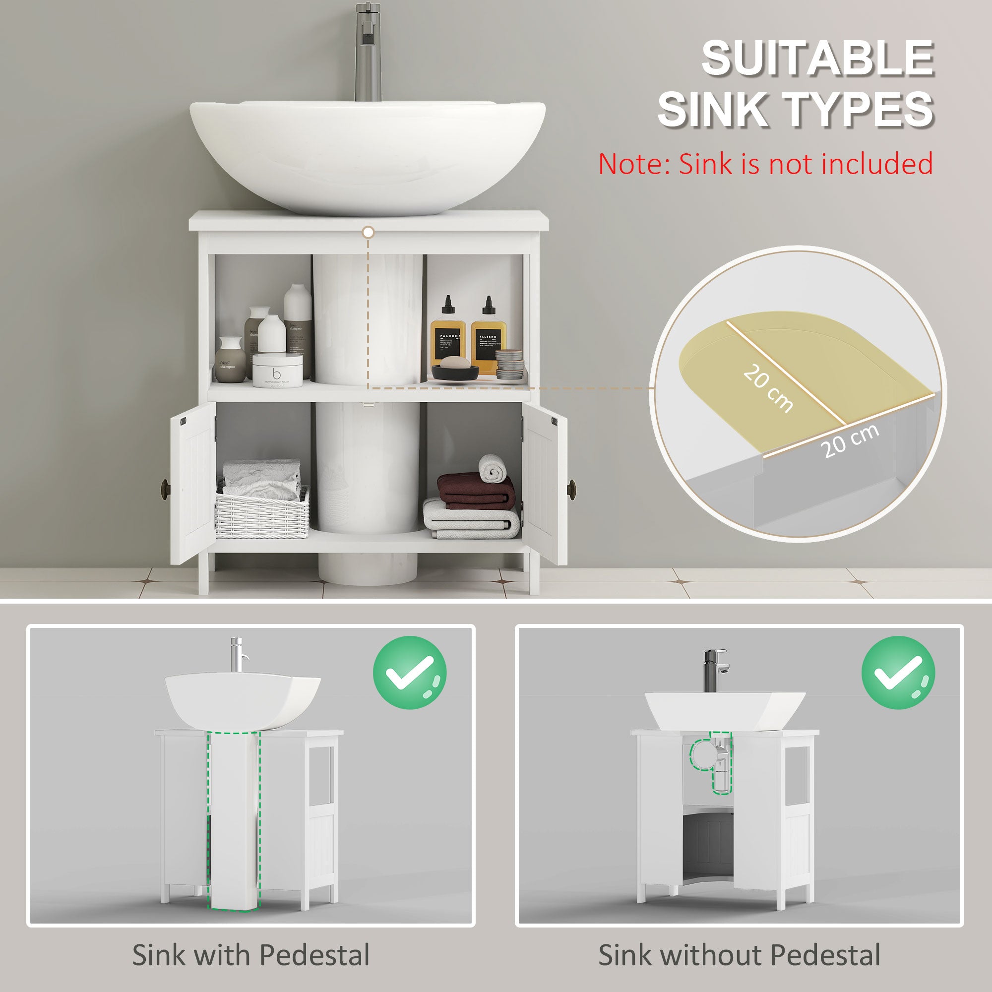 kleankin Pedestal Under Sink Cabinet with Double Doors, Modern Bathroom Vanity Storage Unit with Shelves, White - North Peak Garden Furniture