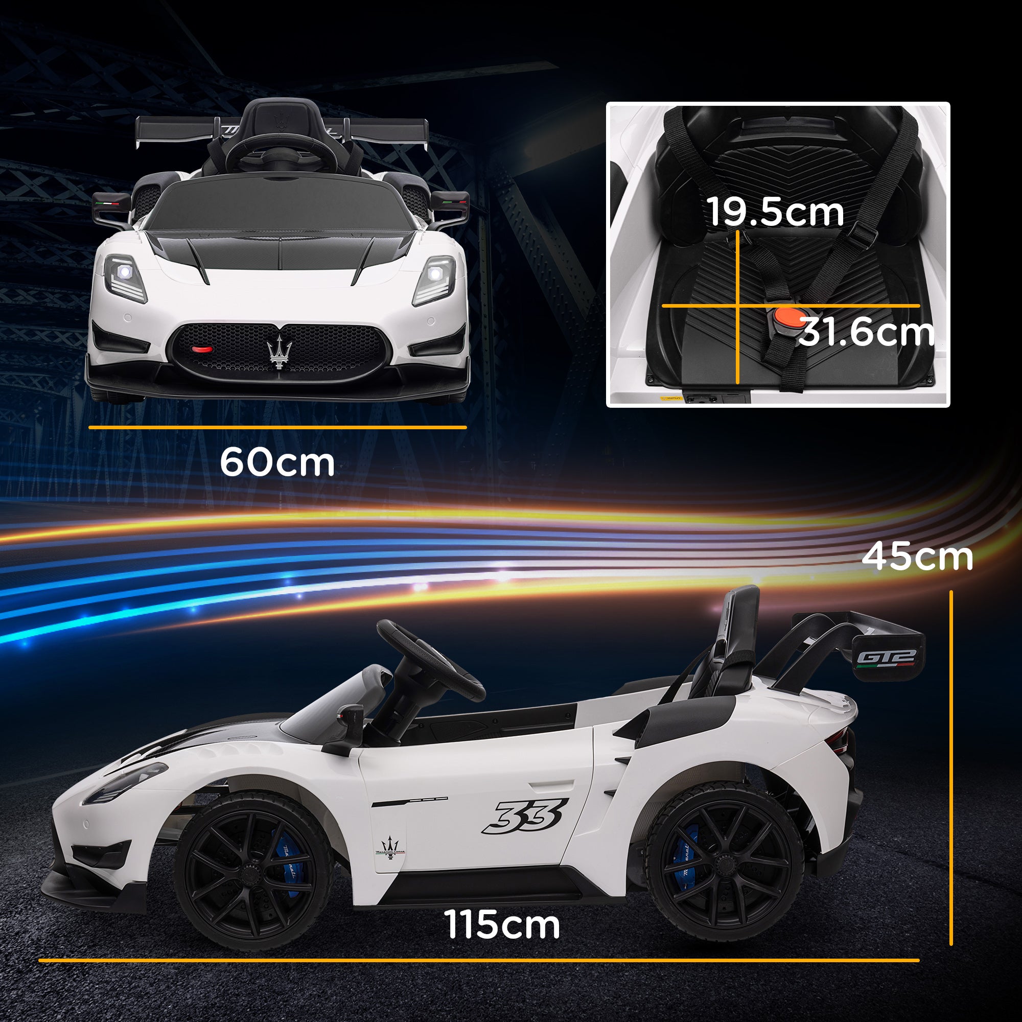 AIYAPLAY Maserati GT2 Licensed 12V Kids Electric Ride on Car with 4 Suspension, Remote Control Music Horn Lights - White - North Peak Garden Furniture