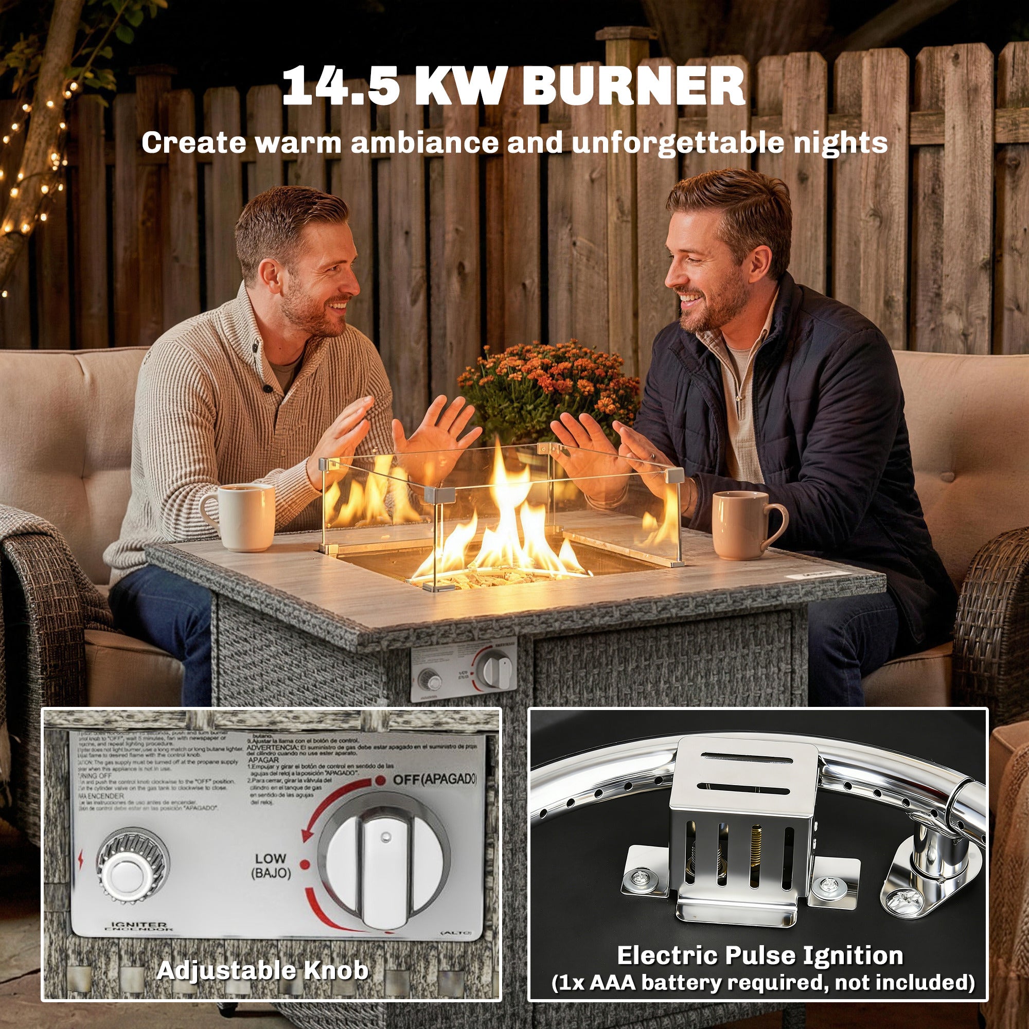 Outsunny 14.5 KW Rattan Gas Fire Pit Dining Table with Rain Cover, Wind Guard, Lid, Lava Rocks, Dark Grey