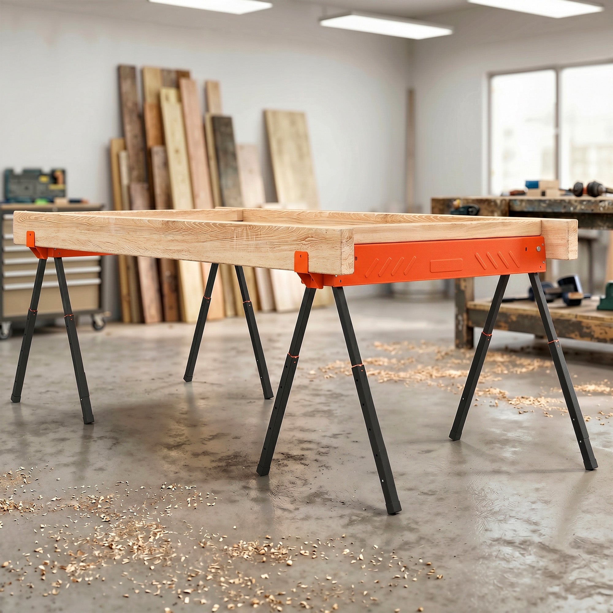 HOMCOM Saw Horses Twin Pack, Folding Work Bench Sawhorses with Height Adjustable Legs, 2x4 Bracket, Orange