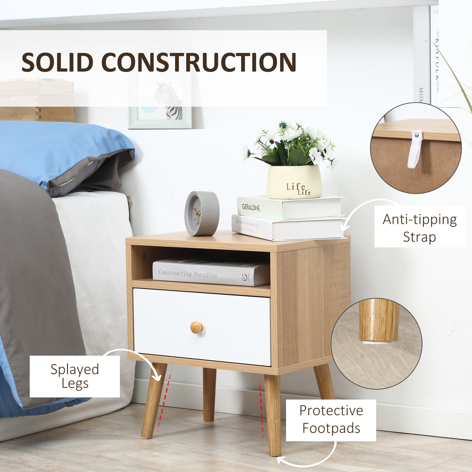 HOMCOM Bedside Table, Bedside Cabinet with Drawer and Shelf, Modern Nightstand, End Table for Living Room, Bedroom, Set of 2, Natural - North Peak Garden Furniture