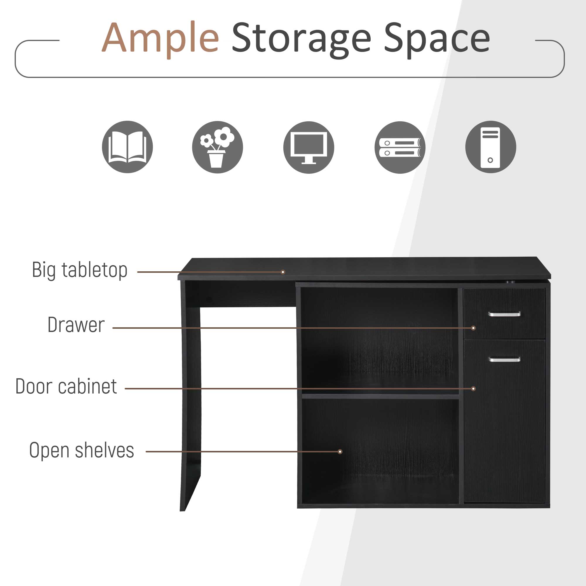 HOMCOM L-Shaped Desk, Corner Computer Desk, Adjustable Study Table with Storage Shelf, Drawer and Cabinet, Workstation for Home Office, Black Wood Grain - North Peak Garden Furniture