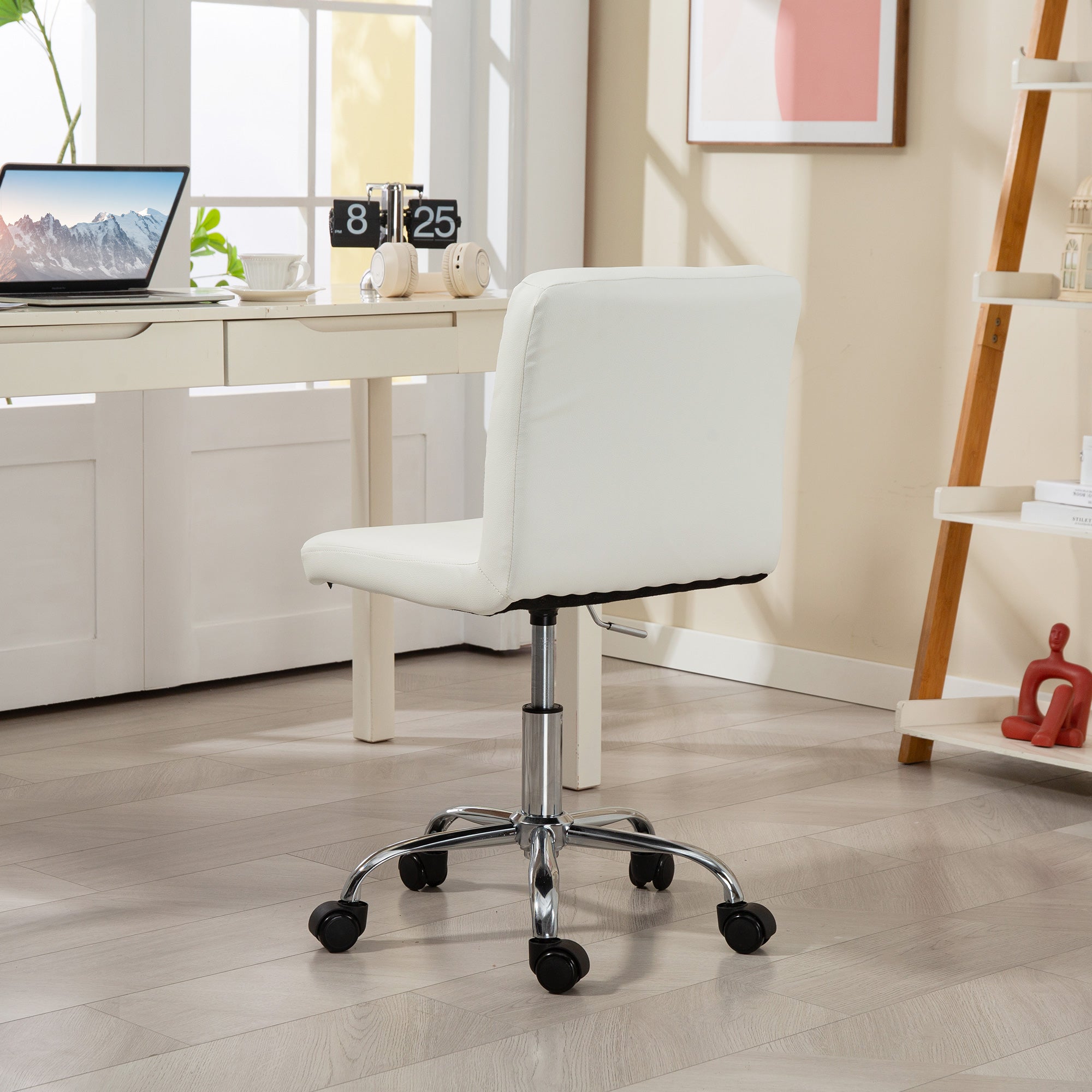 HOMCOM PU Leather Armless Office Chair, Modern Vanity Computer Swivel Chair with Rolling Wheels and Adjustable Height for Home Study, Bedroom, White - North Peak Garden Furniture
