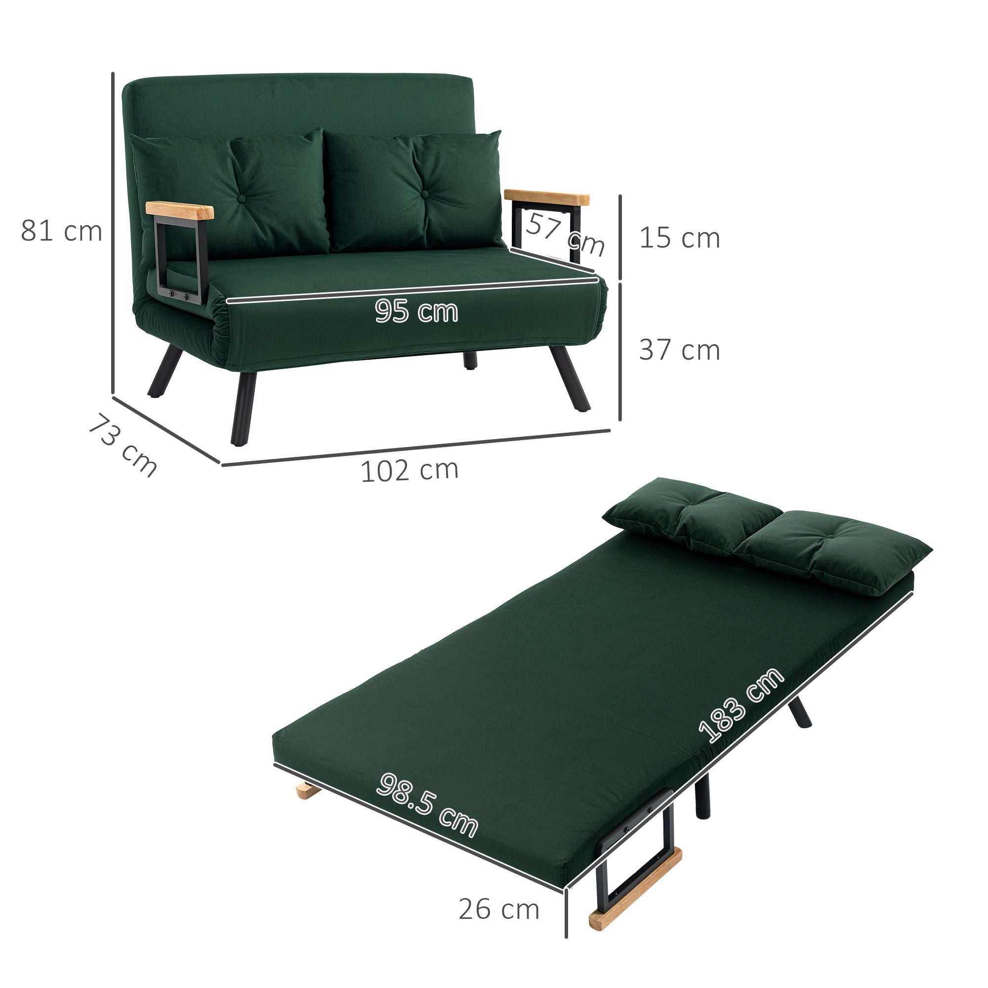 HOMCOM 4-in-1 Velvet-Feel Double Sofa Bed, with Pillows - Green - North Peak Garden Furniture