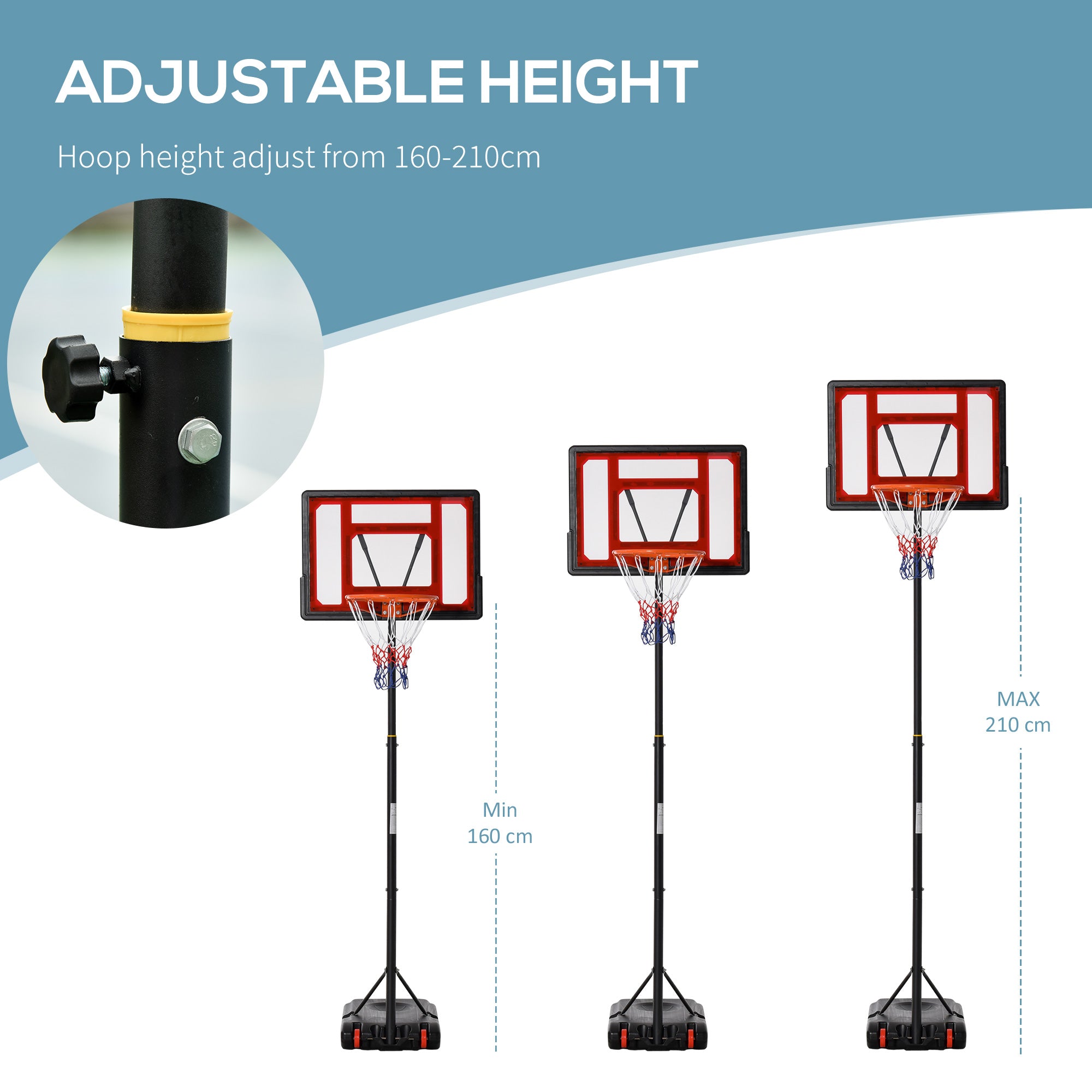HOMCOM Portable Basketball Hoop Stand 160-210cm Adjustable Height Sturdy Rim Hoop w/ Large Wheels Stable Base & Net Free Standing - North Peak Garden Furniture