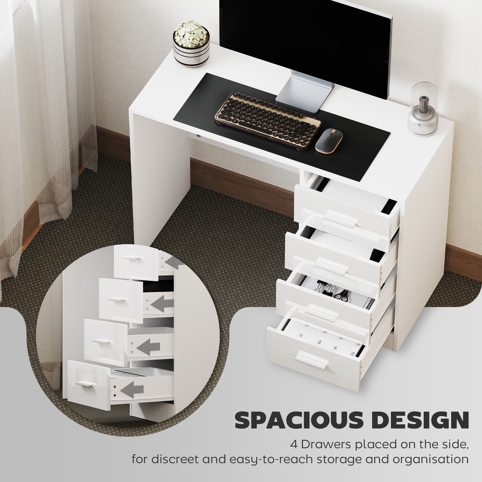 HOMCOM Computer Desk with Drawers, Dressing Table, High Gloss Home Office Writing Workstation, White - North Peak Garden Furniture
