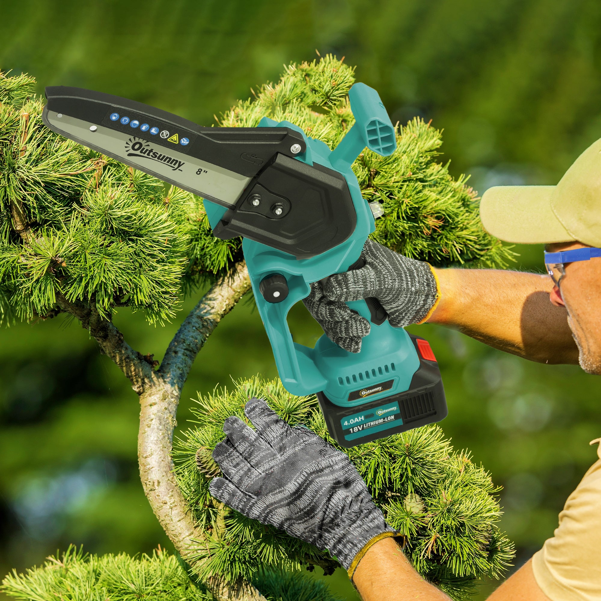 Outsunny 8 Inch Electric Chainsaw, Cordless Chain Saw with Brushless Motor, 2 4.0Ah Batteries and Safety Lock, Handheld Portable Wood Pruning Saw for Trimming Cutting, Blue - North Peak Garden Furniture