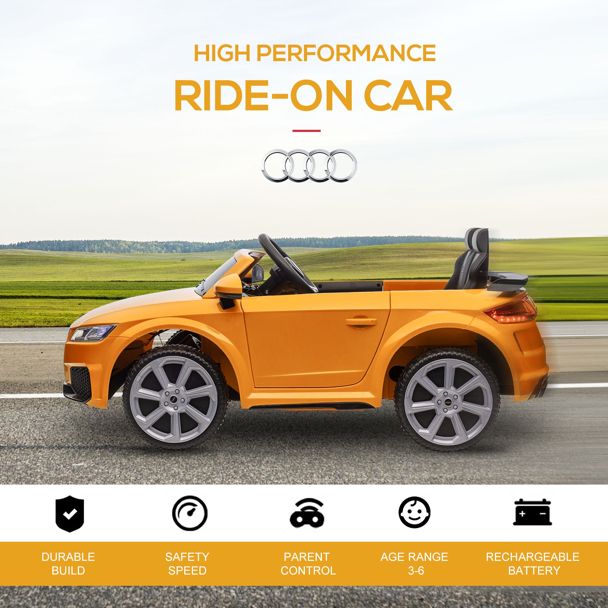 HOMCOM Kids Licensed Audi TT RS Ride-On Car 12V Battery w/ Remote Suspension Headlights and MP3 Player 3km/h Yellow - North Peak Garden Furniture