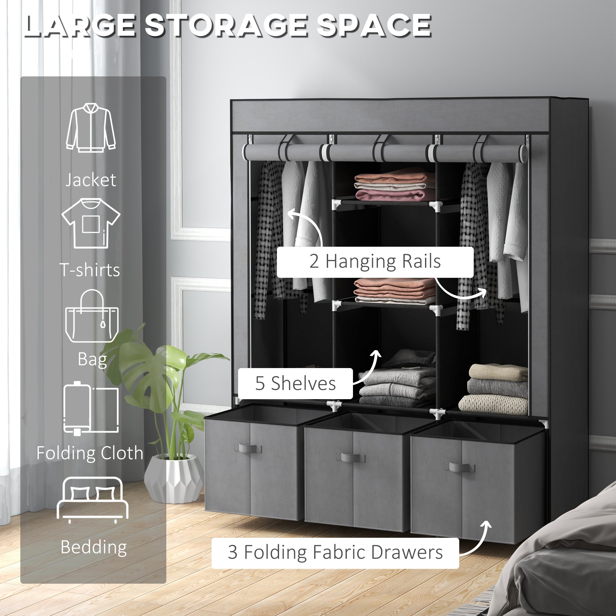 HOMCOM Fabric Wardrobe for Bedroom, Portable Wardrobe with 5 Shelves, 2 Hanging Rails and 3 Fabric Drawers, Foldable Closet, 125 x 43 x 162.5cm, Dark Grey - North Peak Garden Furniture