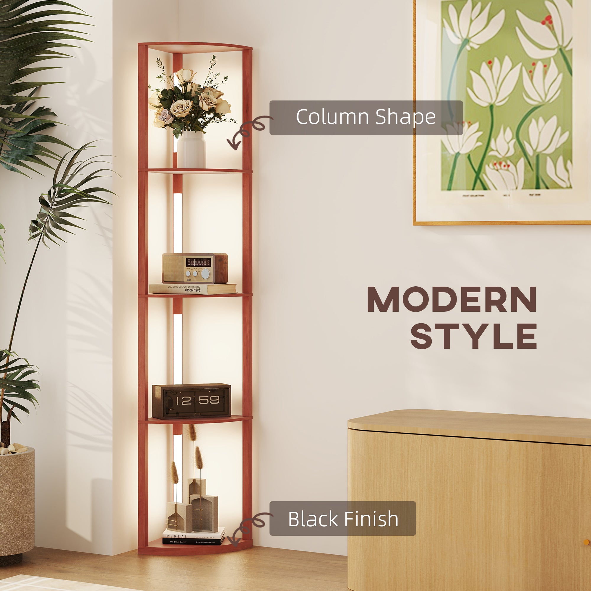HOMCOM Corner Floor Lamp for Living Room Bedroom with Dimmable Warm White LED Light, Modern Tall Standing Lamp, Brown - North Peak Garden Furniture