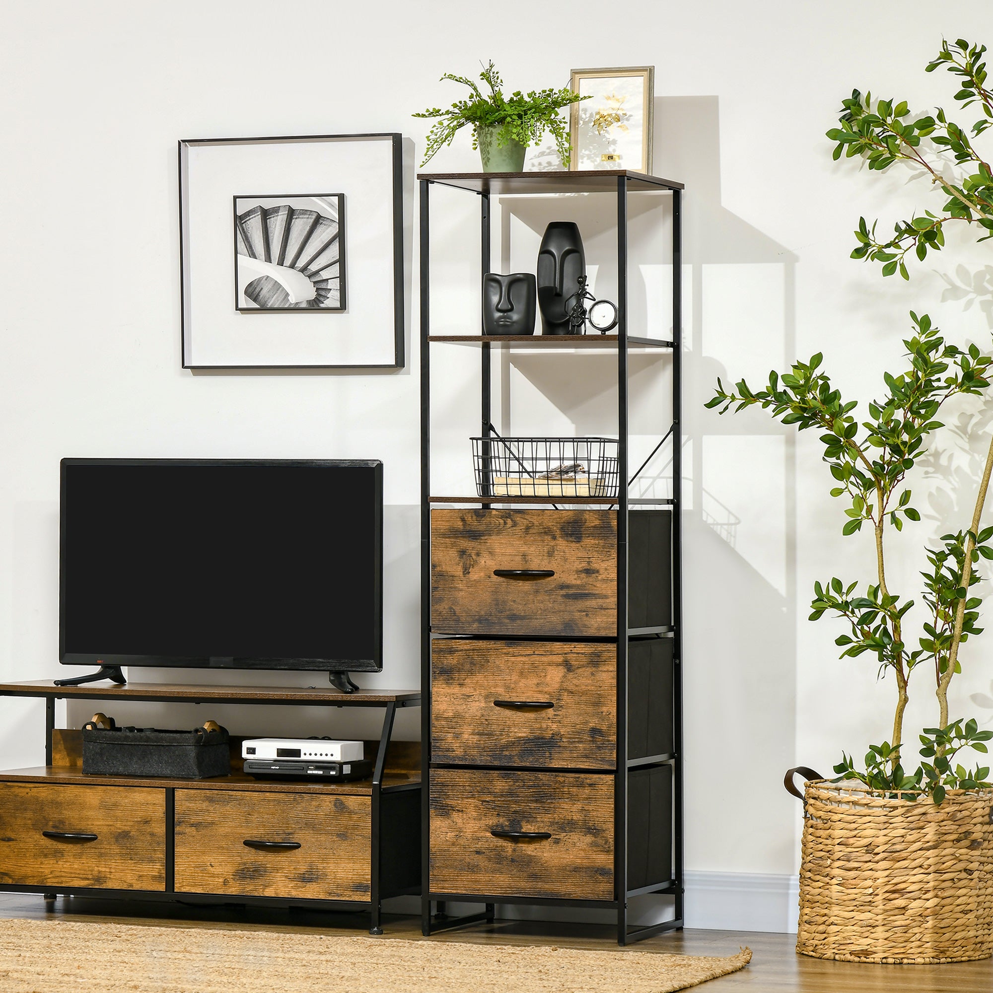 HOMCOM Industrial Storage Cabinet with 2 Open Shelves and 3 Foldable Fabric Drawers, Multifunctional Bookshelf in Living Room, Study, Bedroom, Rustic Brown - North Peak Garden Furniture
