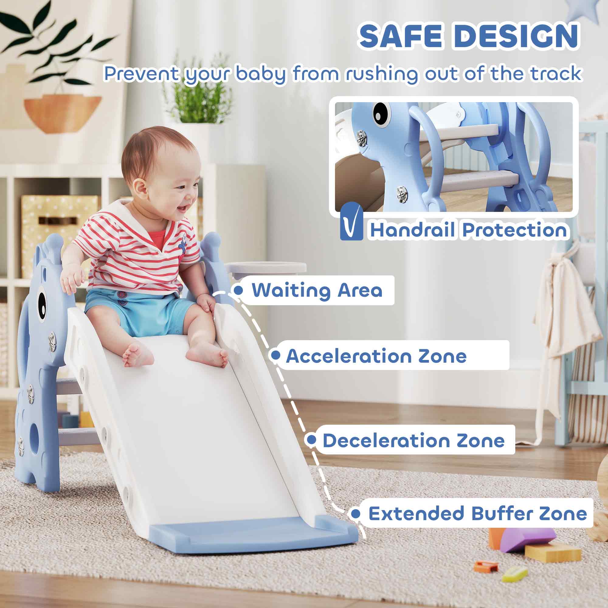 AIYAPLAY 3 in 1 Kids Slide with Climber, Basketball Hoop and Ball, Giraffe Shape Climber Slide for Indoor Kids Age 1-3, Blue