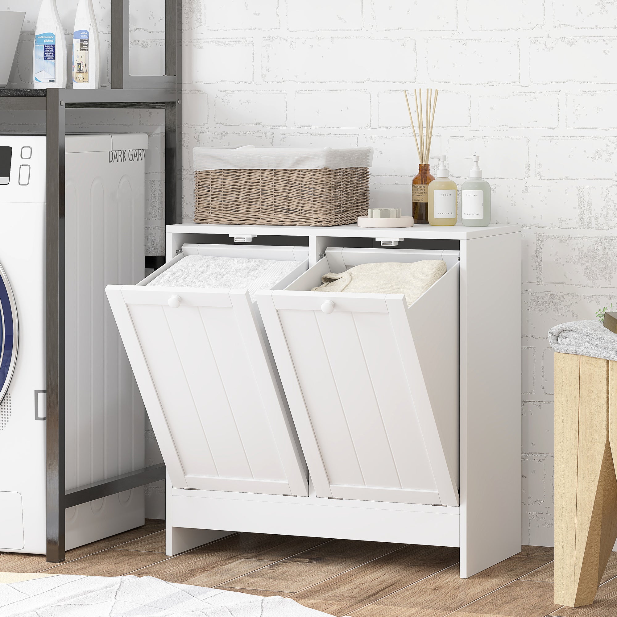 kleankin Double Hamper Laundry Storage Cabinet - White - North Peak Garden Furniture
