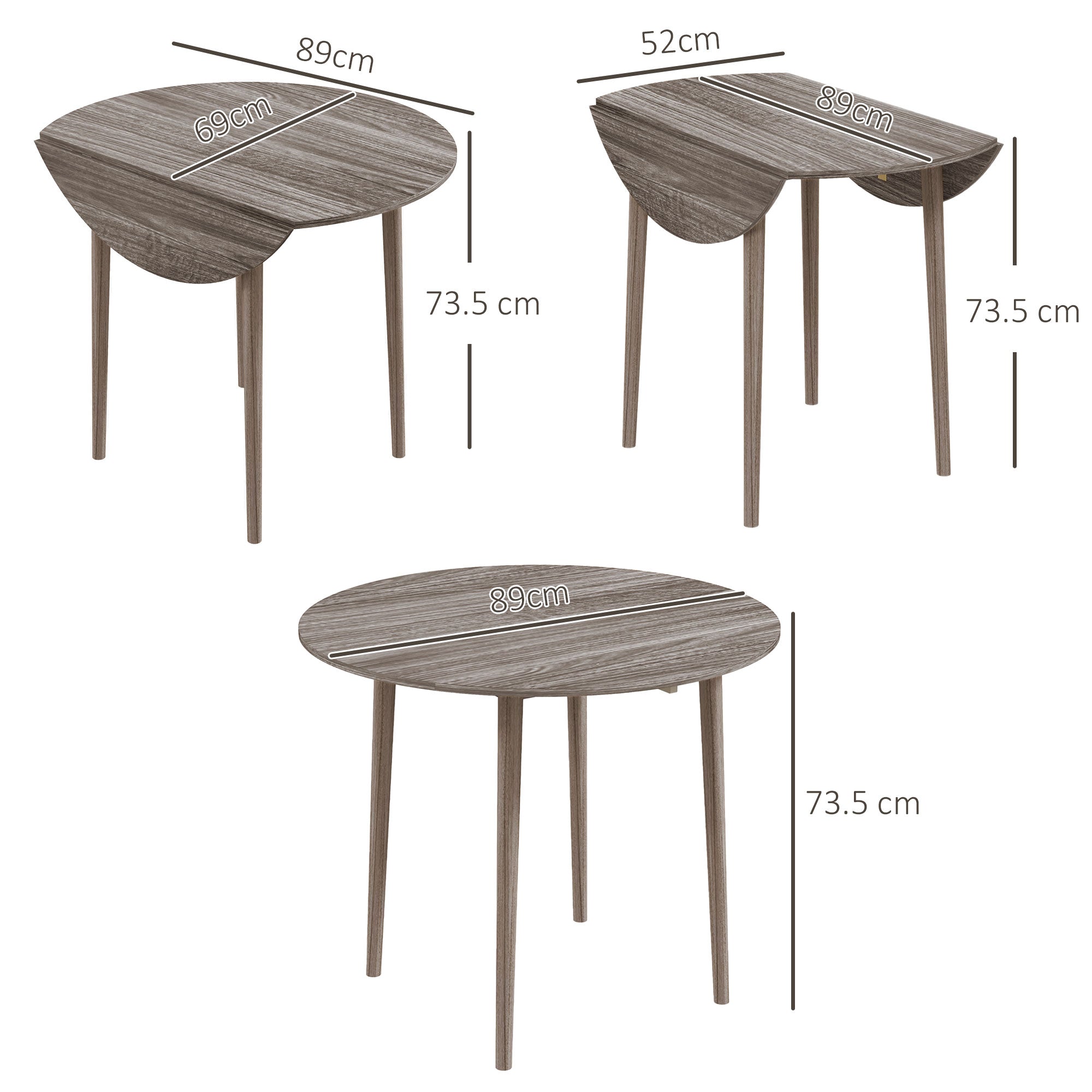 HOMCOM Folding Dining Table for 4, Round Drop Leaf Table, Modern Space Saving Small Kitchen Table with Wood Legs for Dining Room, Grey - North Peak Garden Furniture