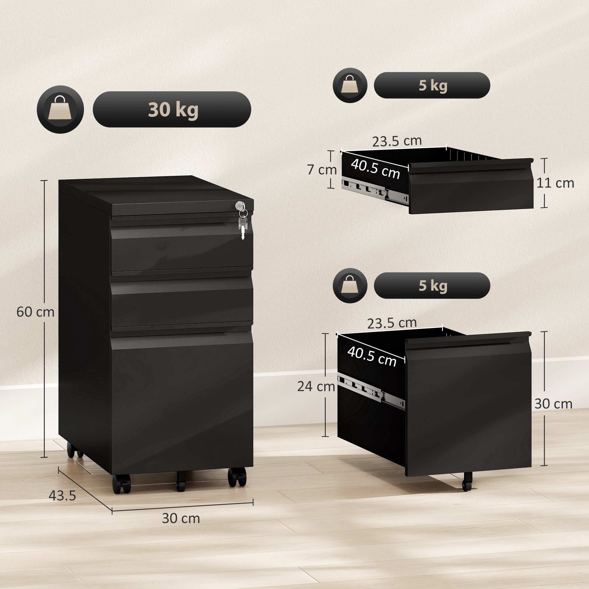 Vinsetto 3-Drawer Steel Filing Cabinet with Lock and Wheels - Black