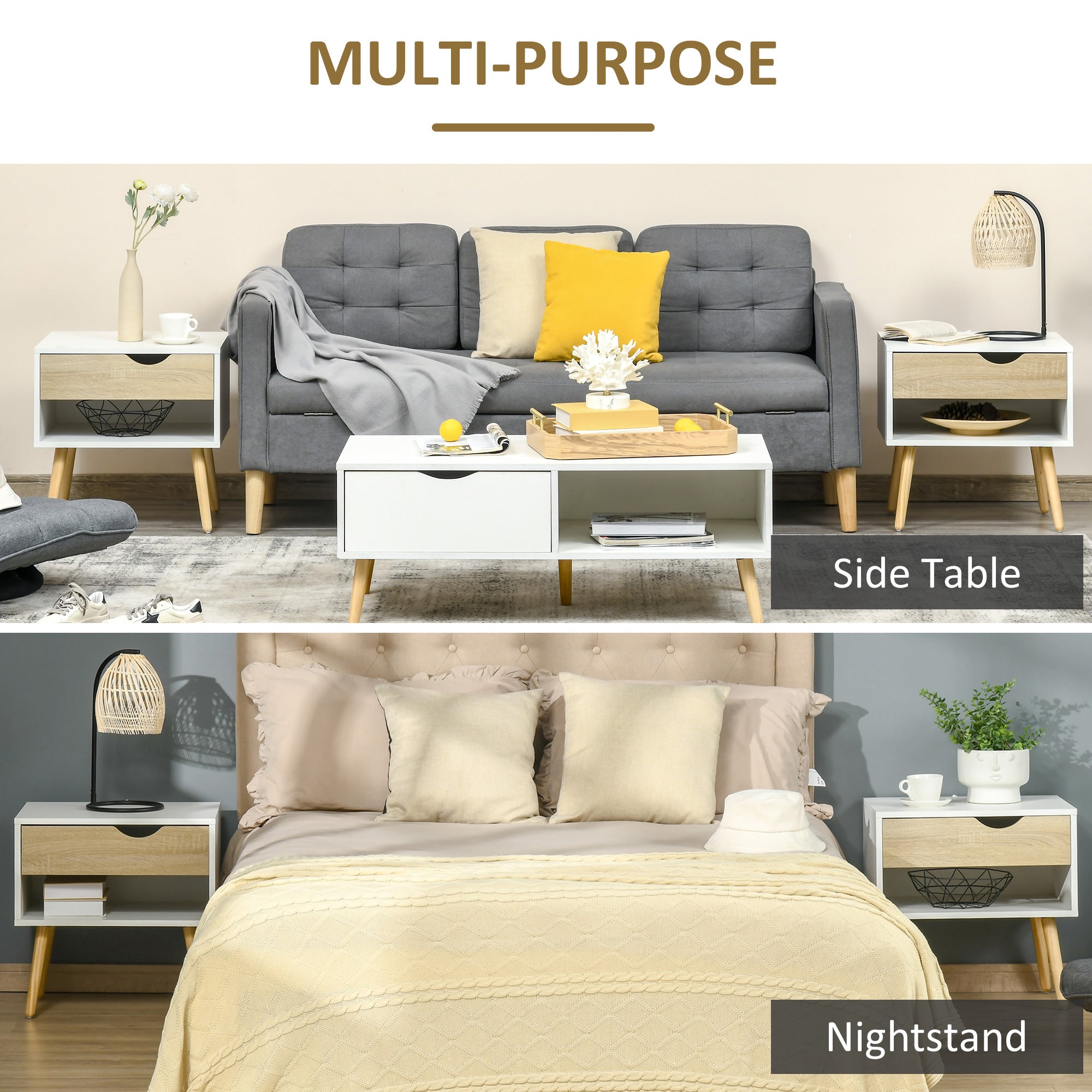 HOMCOM Set of 2 Bedside Table with Drawer and Shelf - North Peak Garden Furniture