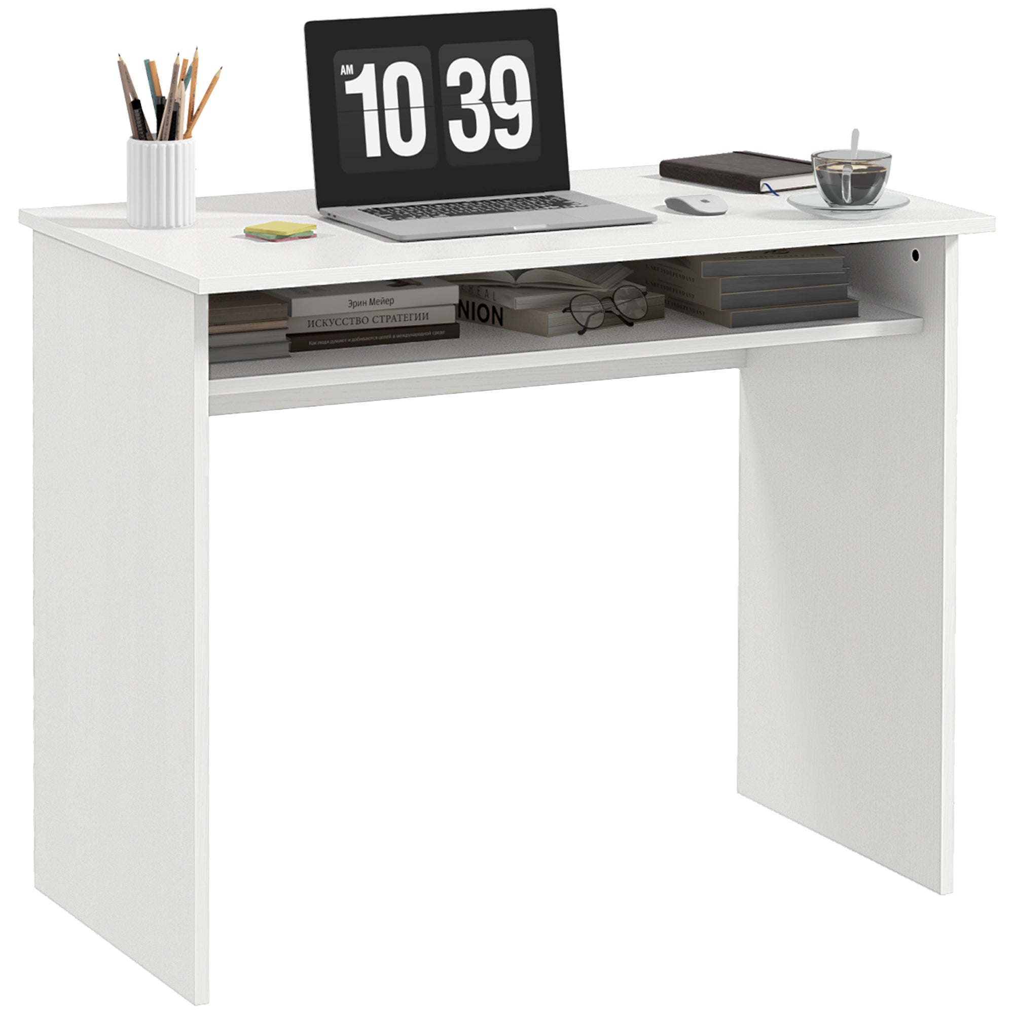 HOMCOM Modern Computer Desk, Home Office Table, Small Writing Desk with Storage Shelf, 90 x 50cm, White Wood Grain - North Peak Garden Furniture
