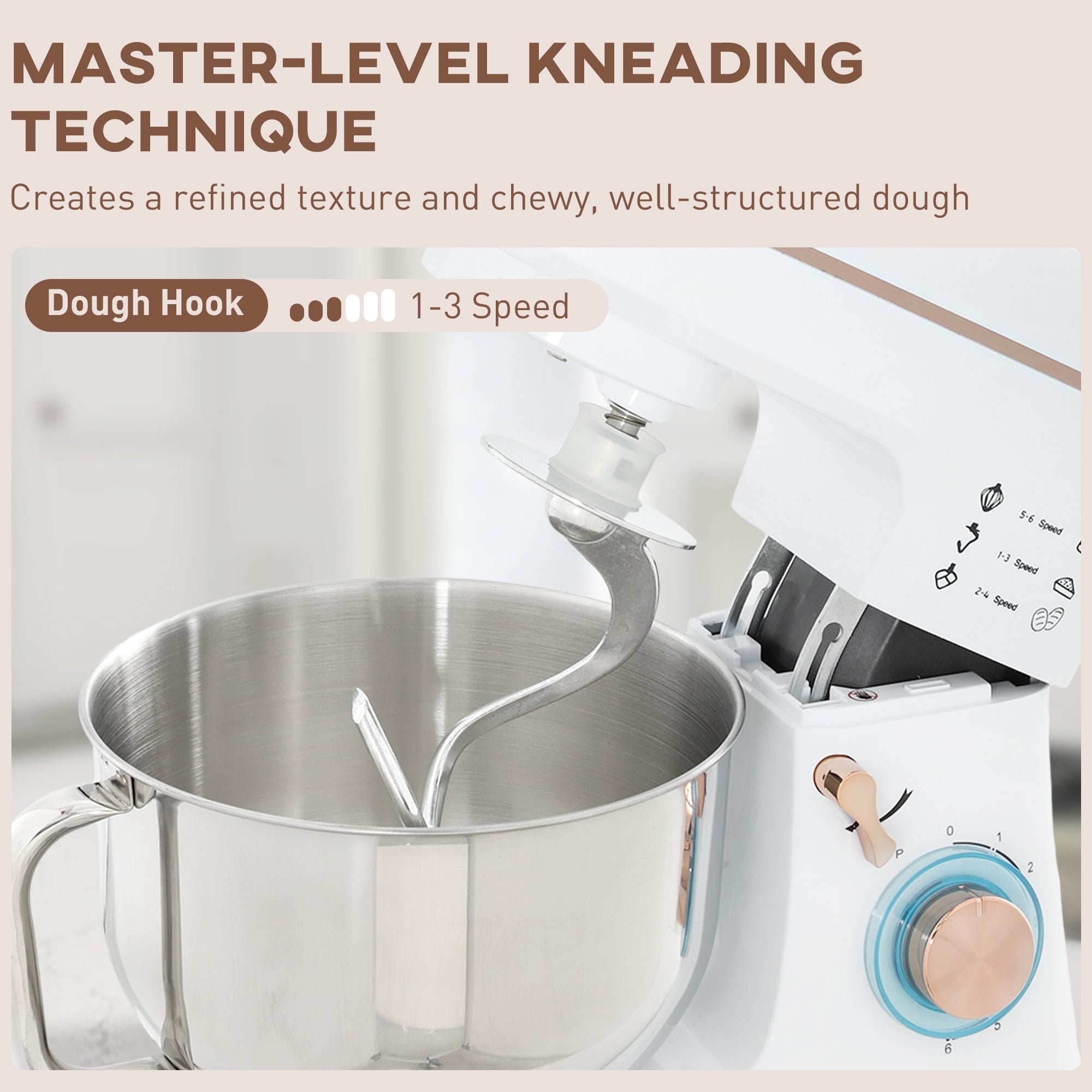 HOMCOM Stand Mixer, 5L Food Mixer for Baking, 6 Speeds and Pulse Setting, 1400W Cake Electric Kitchen Mixer with Dough Hook, Whisk, Stainless Steel Bowl, Splash Guard, Beater, White - North Peak Garden Furniture