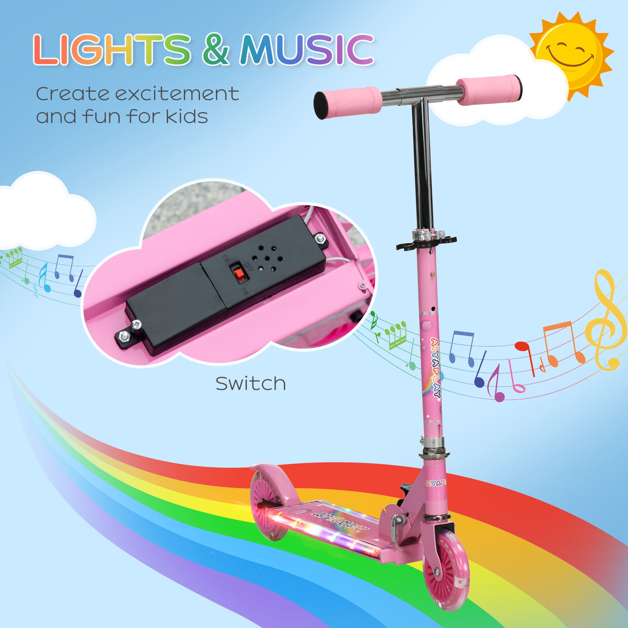 HOMCOM Kids Scooter, with Lights, Music, Adjustable Height, Foldable Frame, for Ages 3-7 Years - Pink - North Peak Garden Furniture