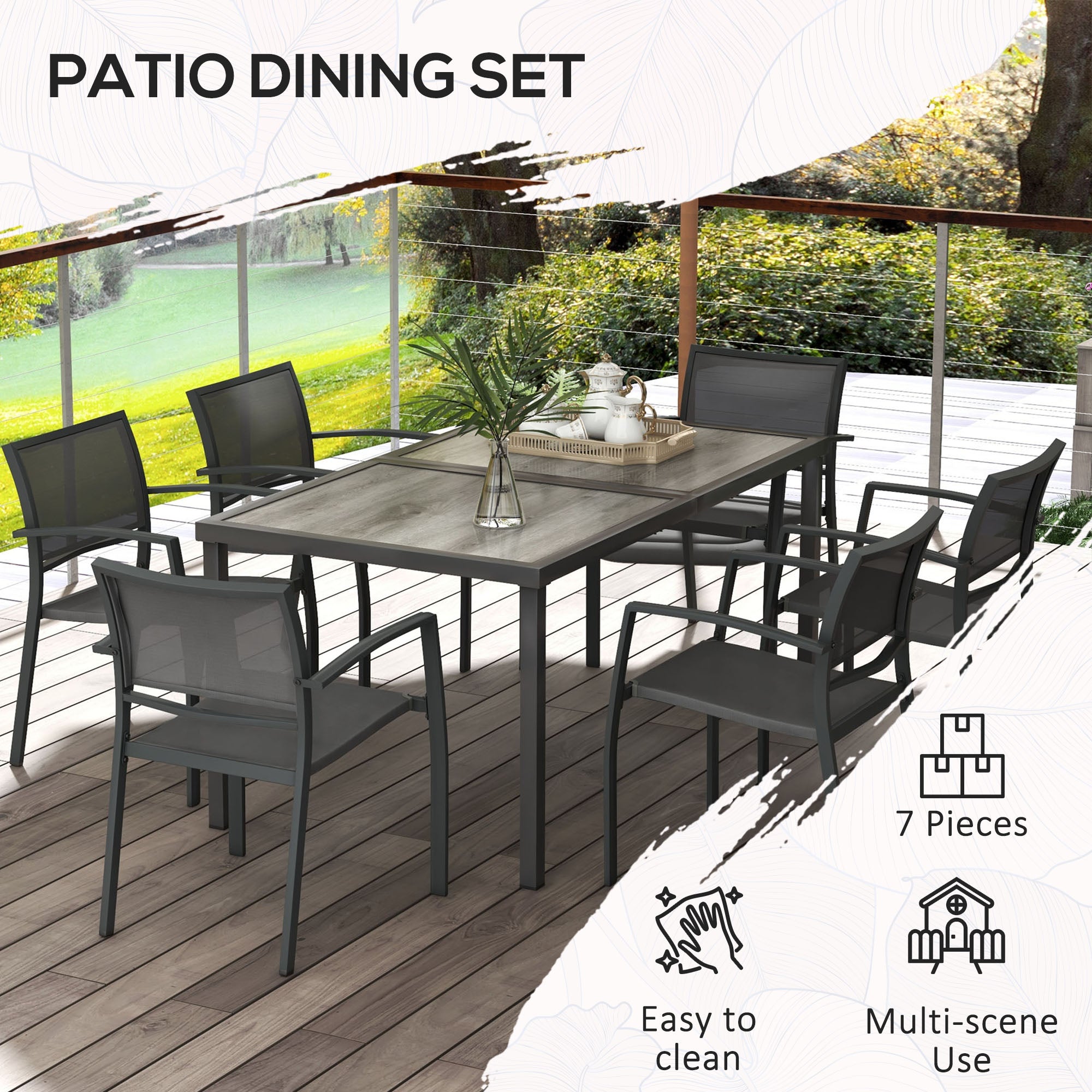 Outsunny Seven-Piece Casual Outdoor Dining Set, with Wood-Effect Table - Grey - North Peak Garden Furniture