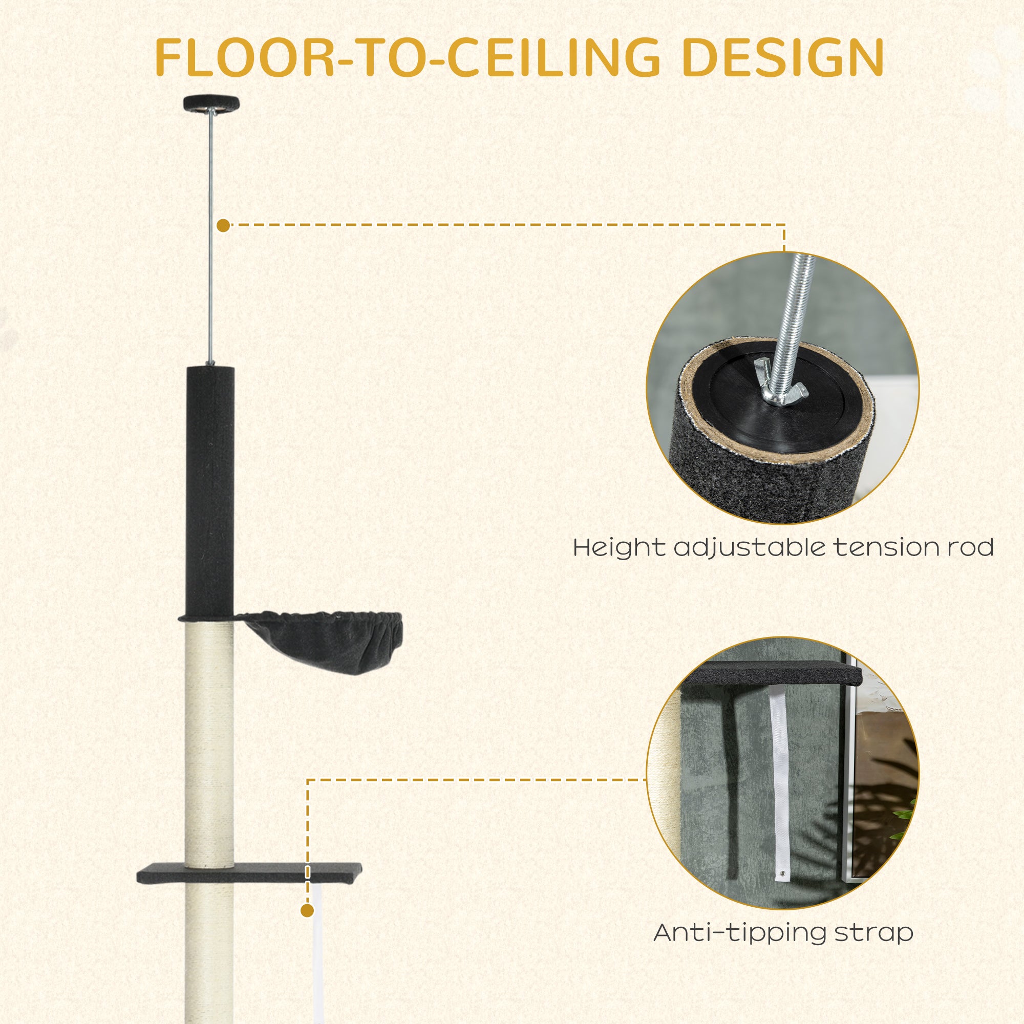 PawHut 240-270cm Floor-To-Ceiling Cat Tree, 5 Tier Cat Climbing Tower, with Bed, Hammock, Platforms, Black and Cream - North Peak Garden Furniture