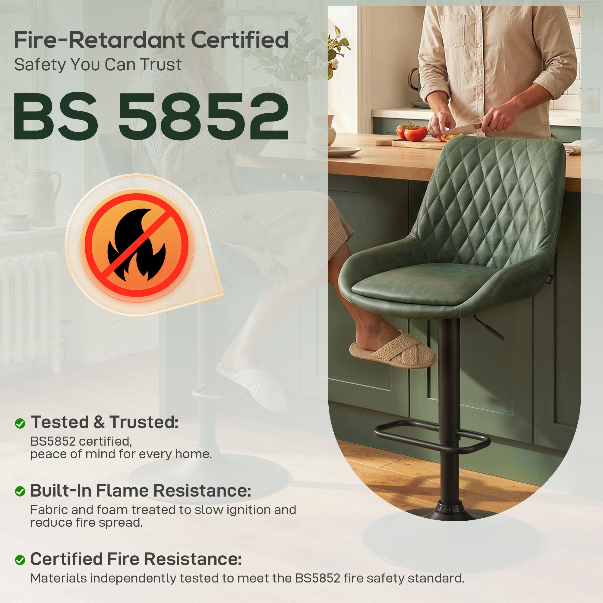 HOMCOM Retro Bar Stools Set of 2, Adjustable Kitchen Stool, Upholstered Bar Chairs with Back, Swivel Seat, Green