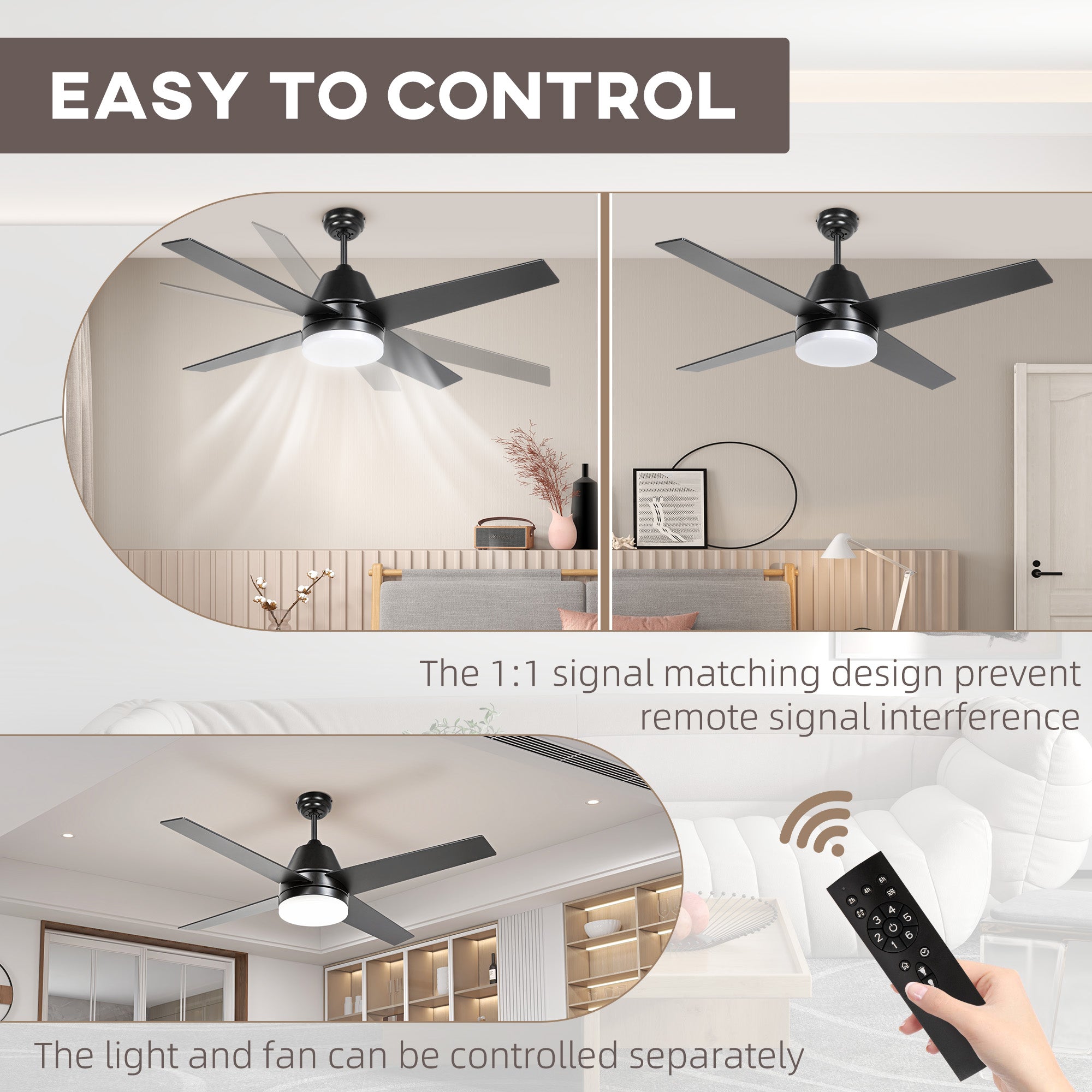 HOMCOM Ceiling Fan with LED Light, Flush Mount Ceiling Fan Lights with Reversible Blades, Remote, Black and Walnut Brown - North Peak Garden Furniture