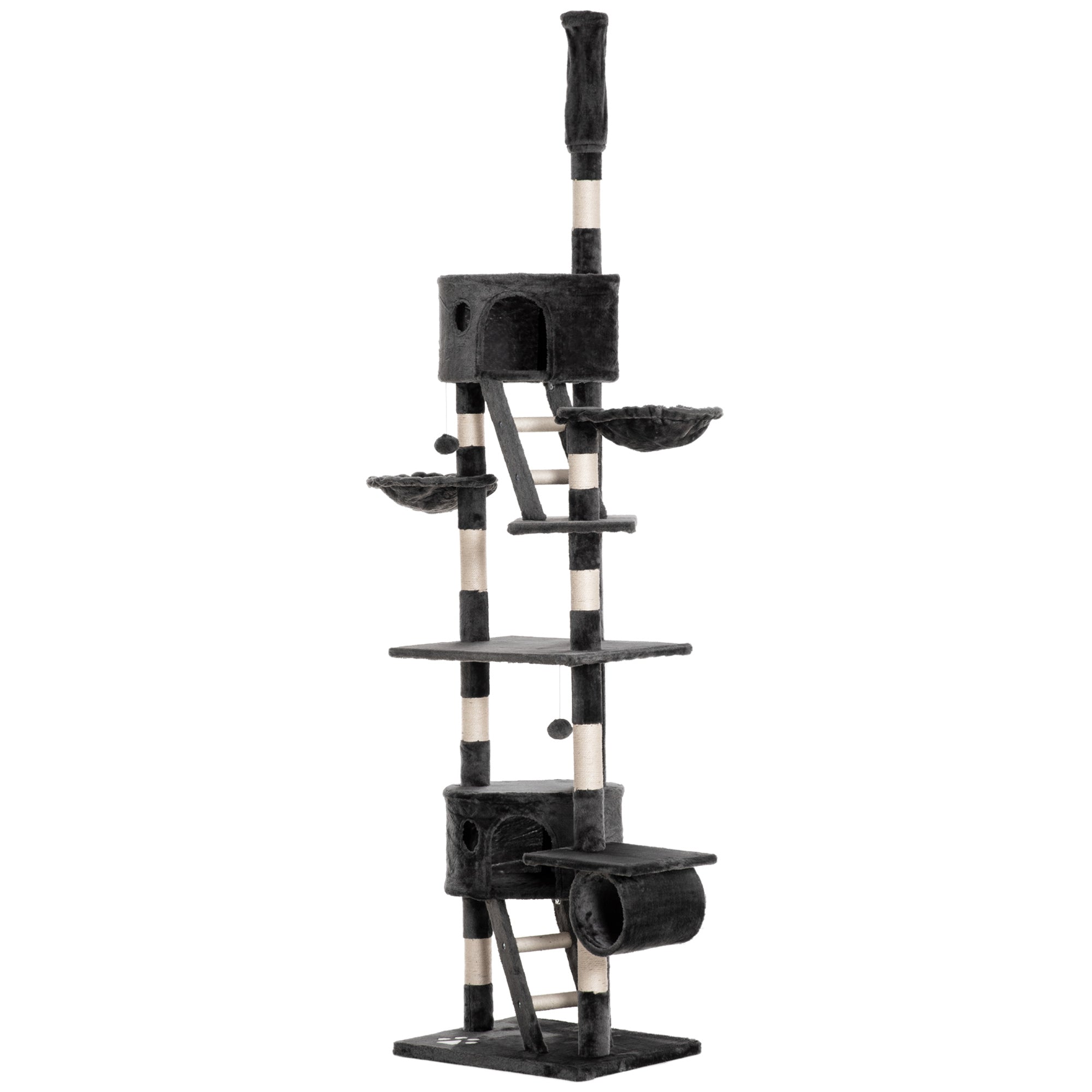 PawHut Floor-to-Ceiling Cat Tree for Indoor Cats, 240-260cm Adjustable Cat Tree - Dark Grey