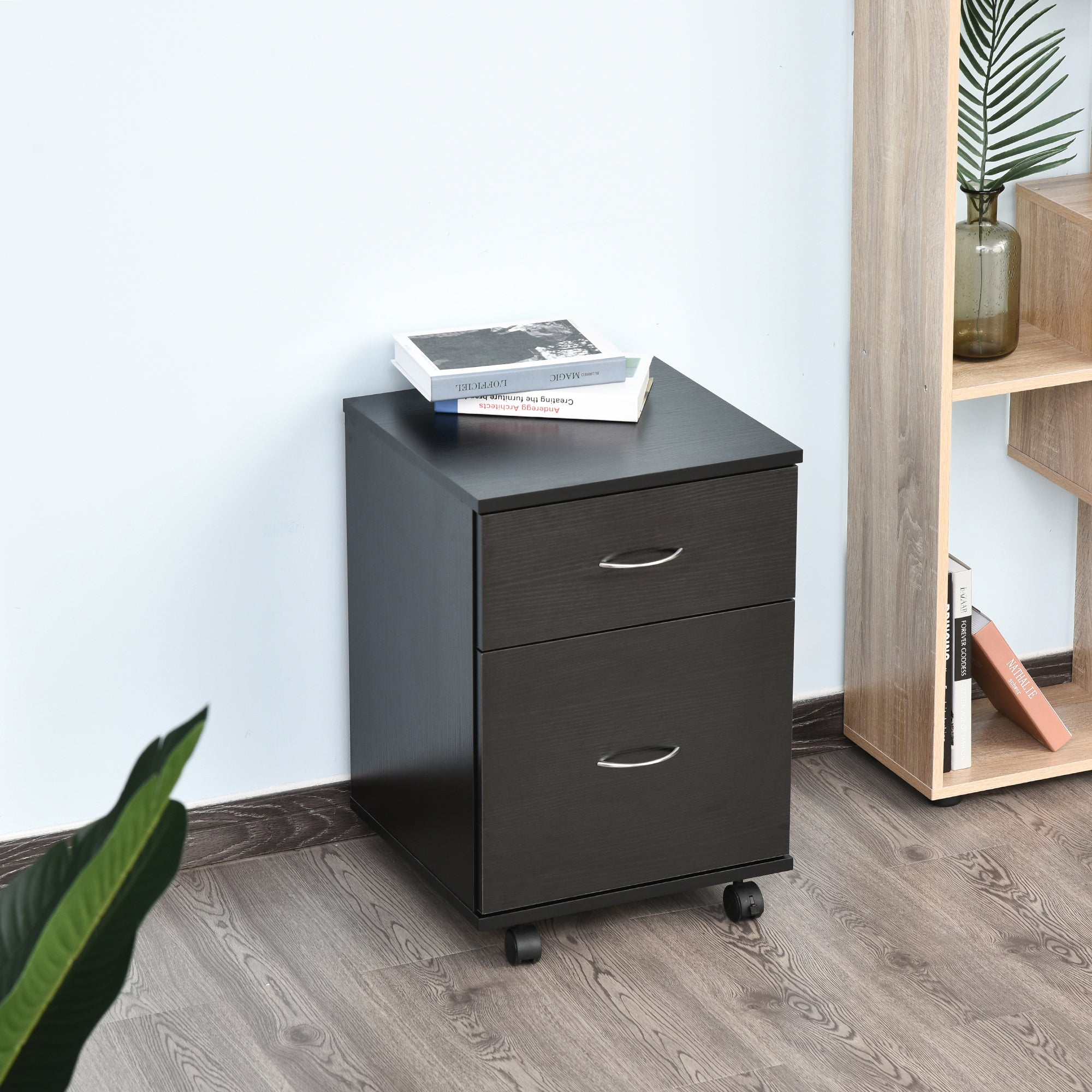 HOMCOM Two Drawer Filing Cabinet with Wheels- Black Wood Grain - North Peak Garden Furniture
