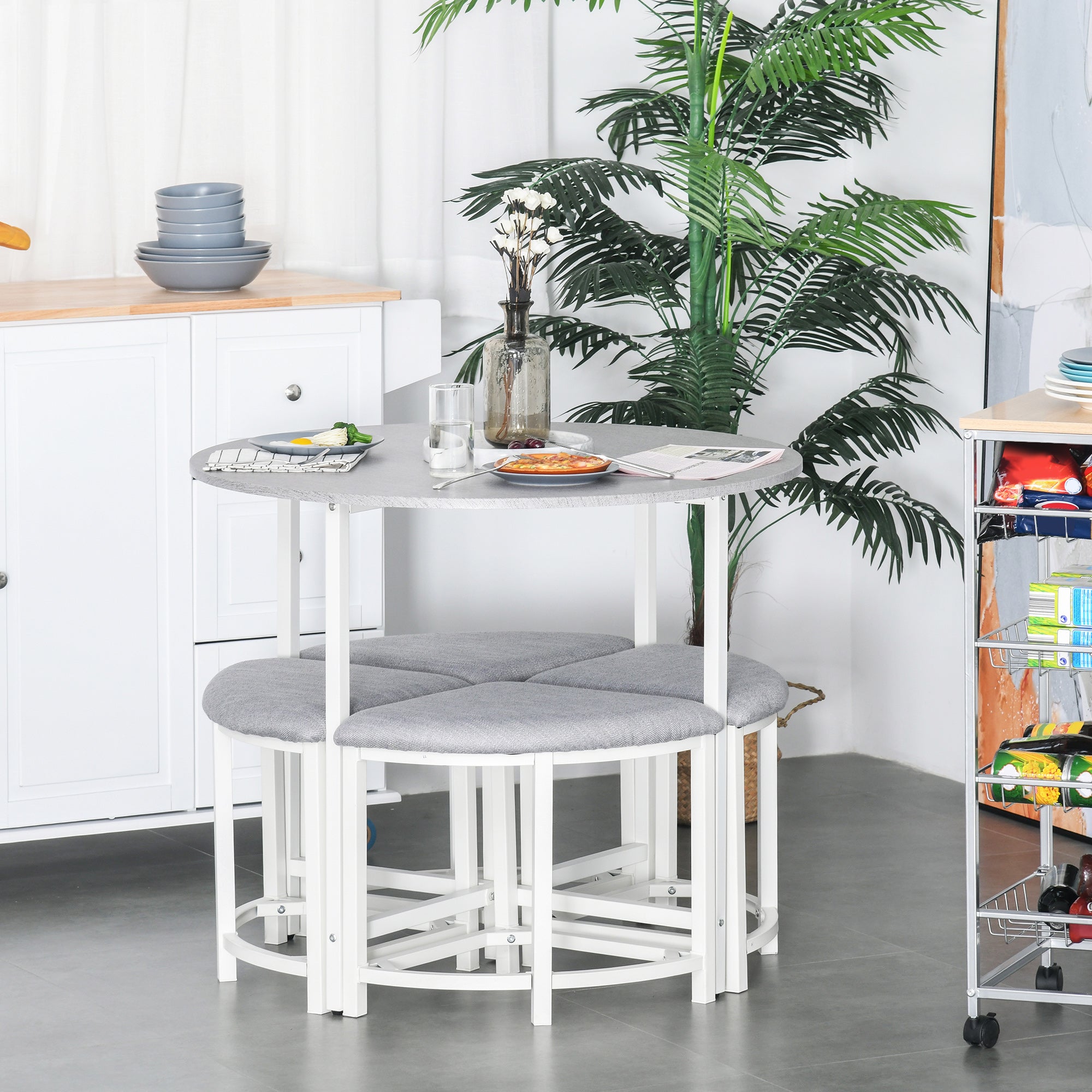 HOMCOM Modern Round Dining Table Set with 4 Upholstered Stools for Dining Room, Kitchen, Dinette - North Peak Garden Furniture