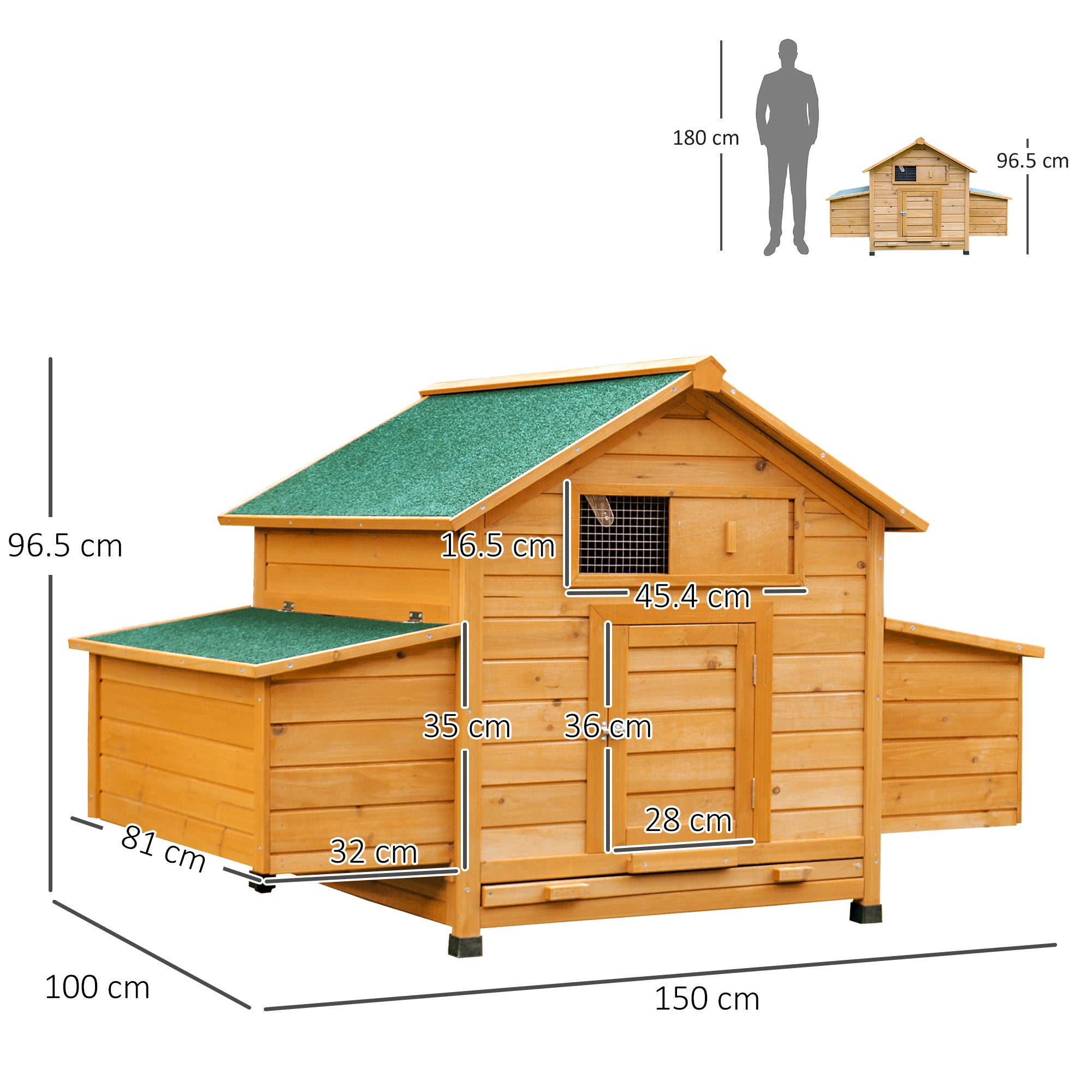 PawHut Wooden Chicken Coop with Nesting Boxes and Tray, for 2-4 Chicken, 150 x 100 x 96.5cm, Yellow