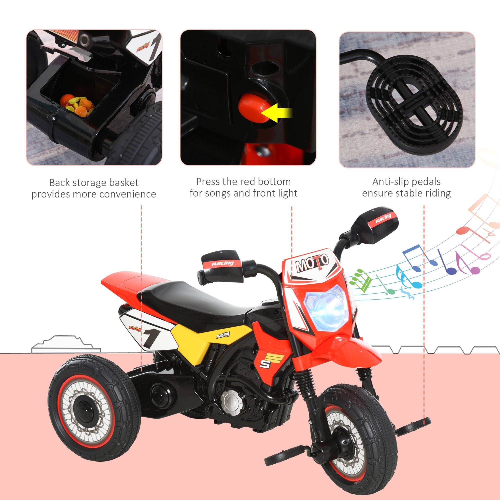 HOMCOM Toddler Pedal Motorcycle Kids Ride On Tricycle Early Learning w/ Music Lights Handlebar Stickers Exercise Boys Girls Gift for Kids 18 - 36 Months Red - North Peak Garden Furniture