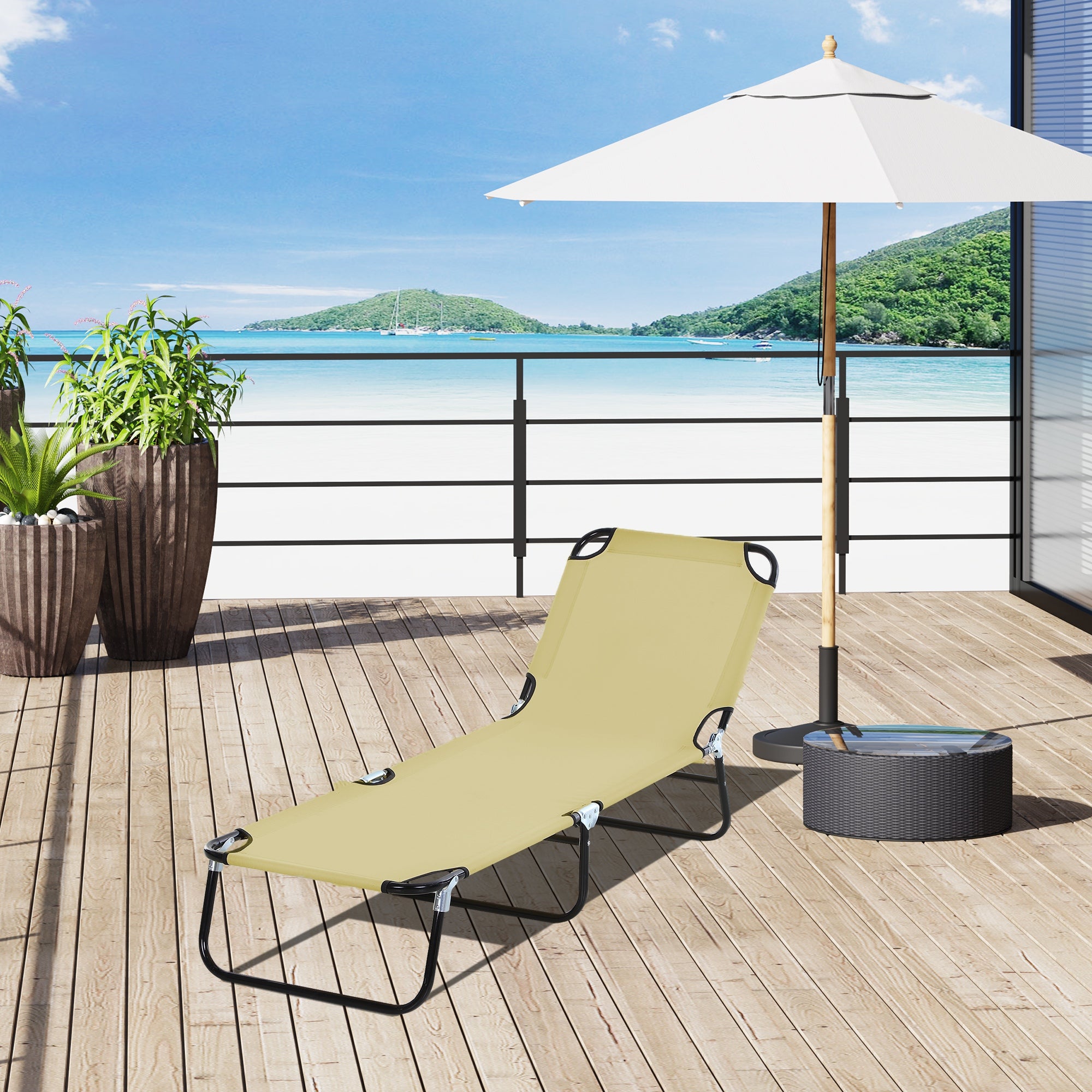 Outsunny Foldable Sun Lounger with 5-Position Adjustable Backrest, Outdoor Portable Recliner Chaise Lounge Chair with Breathable Mesh Fabric, Beige - North Peak Garden Furniture