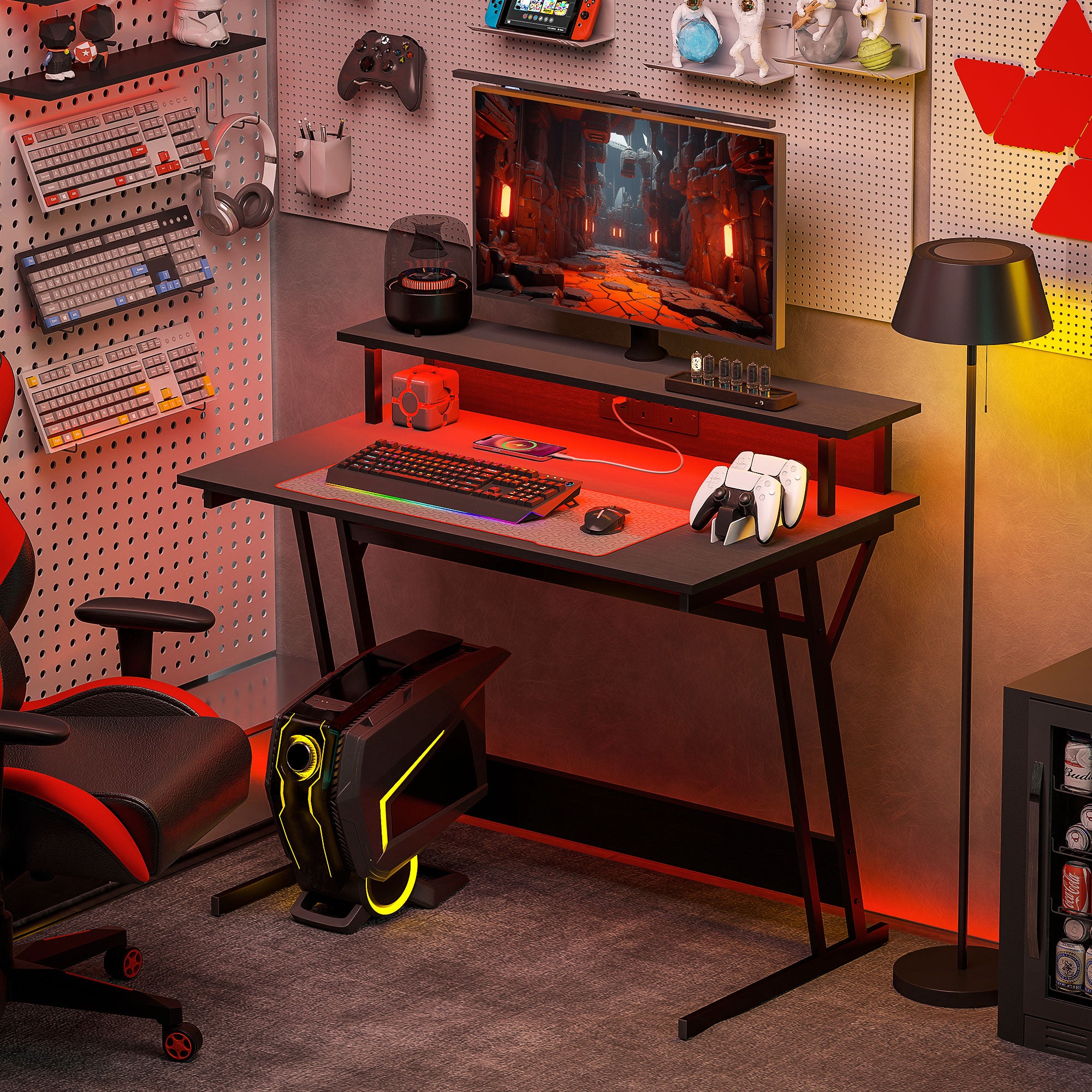 HOMCOM Gaming Desk with LED Lights and Power Outlets, 100 x 60cm Z Shaped Computer Desk with Monitor Stand and Steel Frame, PC Gaming Table for Home Office, Black - North Peak Garden Furniture