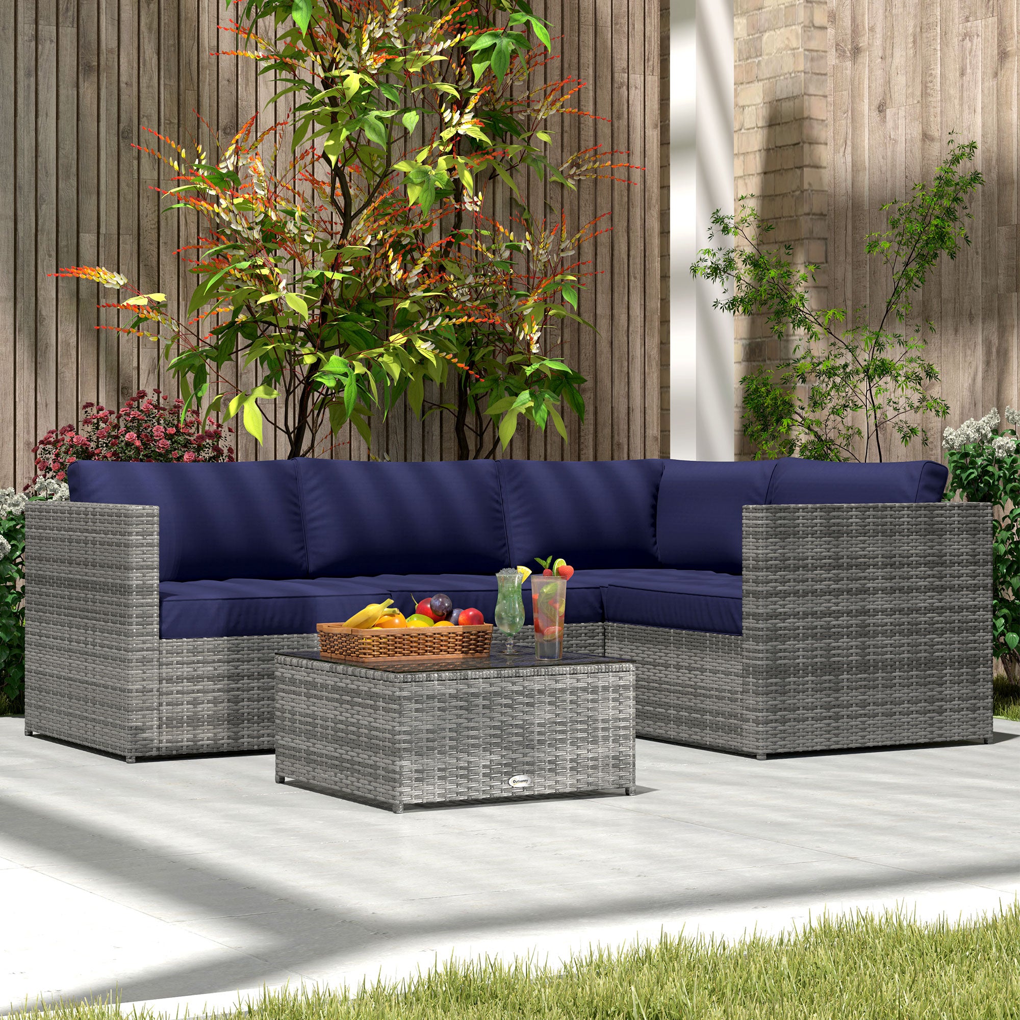 Outsunny 3 Pieces PE Rattan Garden Furniture Set with 10 cm Thick Cushions, 4 Seater Garden Corner Sofa Set with Glass Top Coffee Table, Outdoor Furniture for Patio, Porch, Blue - North Peak Garden Furniture